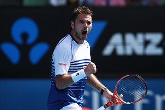 MELBOURNE, AUSTRALIA - JANUARY 28:  Stanislas Wawrinka of Switzerland celebrates a point in his quarterfinal match against Kei Nishikori of Japan during day 10 of the 2015 Australian Open at Melbourne Park on January 28, 2015 in Melbourne, Australia.  (Ph