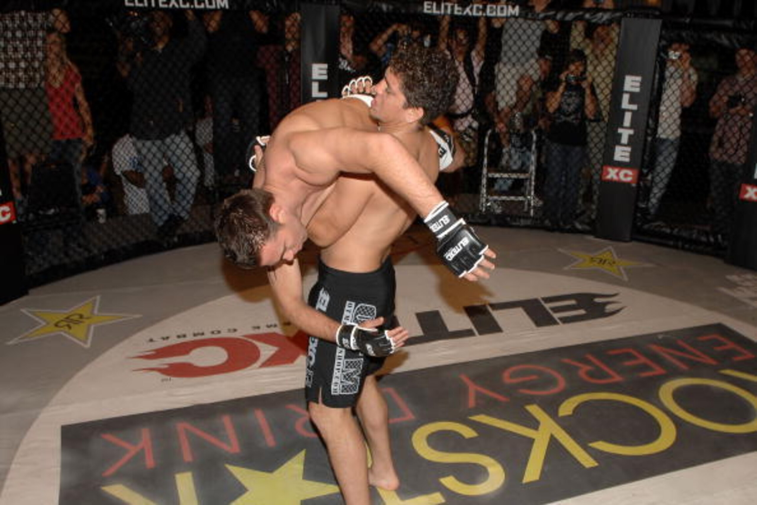 STUDIO CITY, CA - MAY 19:  MMA fighters Jake Shields (L) and Nick Diaz demonstrate MMA fighting techniques at CBS's 'Elite XC Saturday Night Fights' Press Conference at CBS Radford Studios on May 19, 2008 in Studio City, California.  (Photo by Stephen Shu