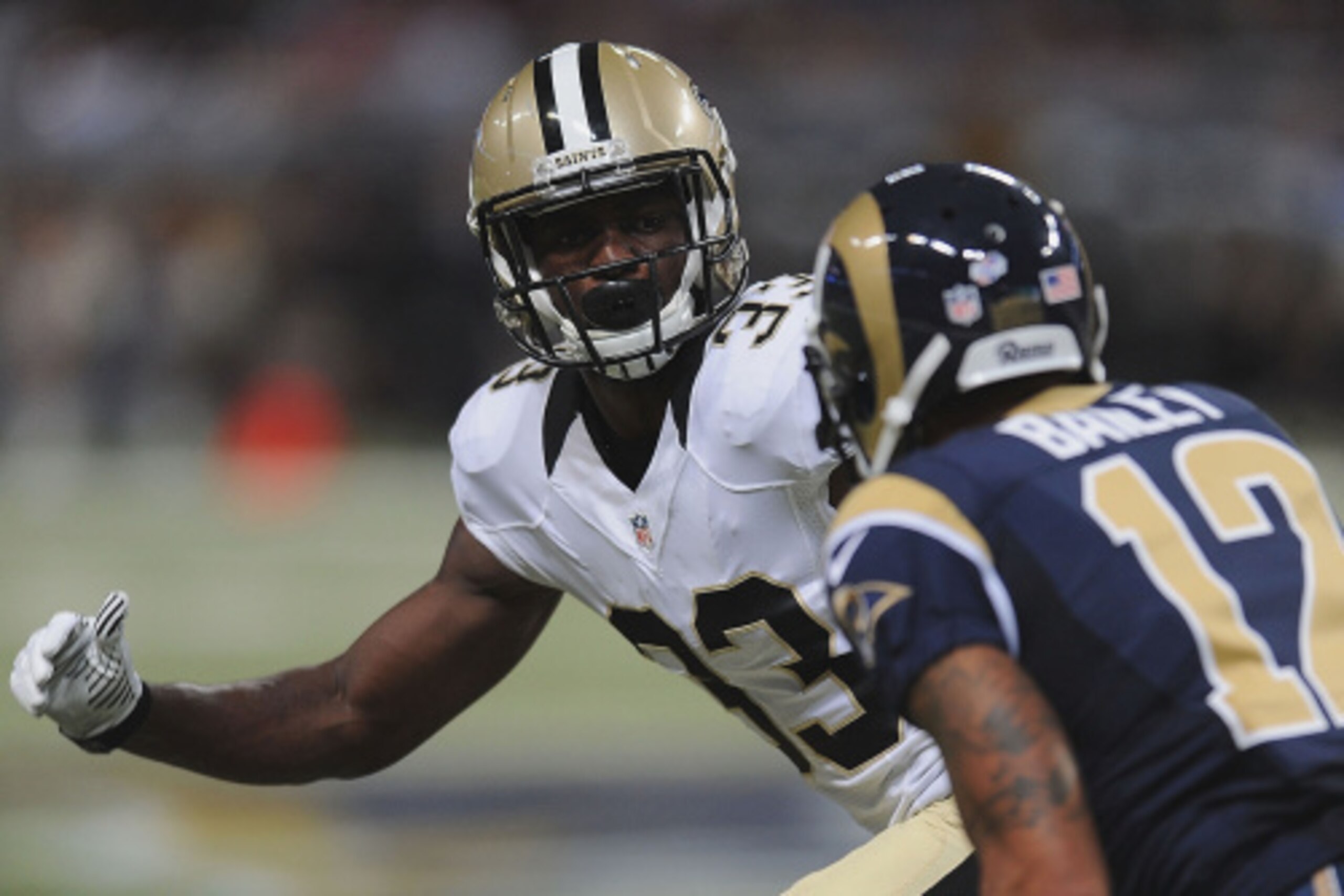 ST. LOUIS, MO - AUGUST 8:  Stanley Jean-Baptiste #33 of the New Orleans Saints defends in a preseason game against the St. Louis Rams at the Edward Jones Dome on August 8, 2014 in St. Louis, Missouri.  (Photo by Michael B. Thomas/Getty Images)