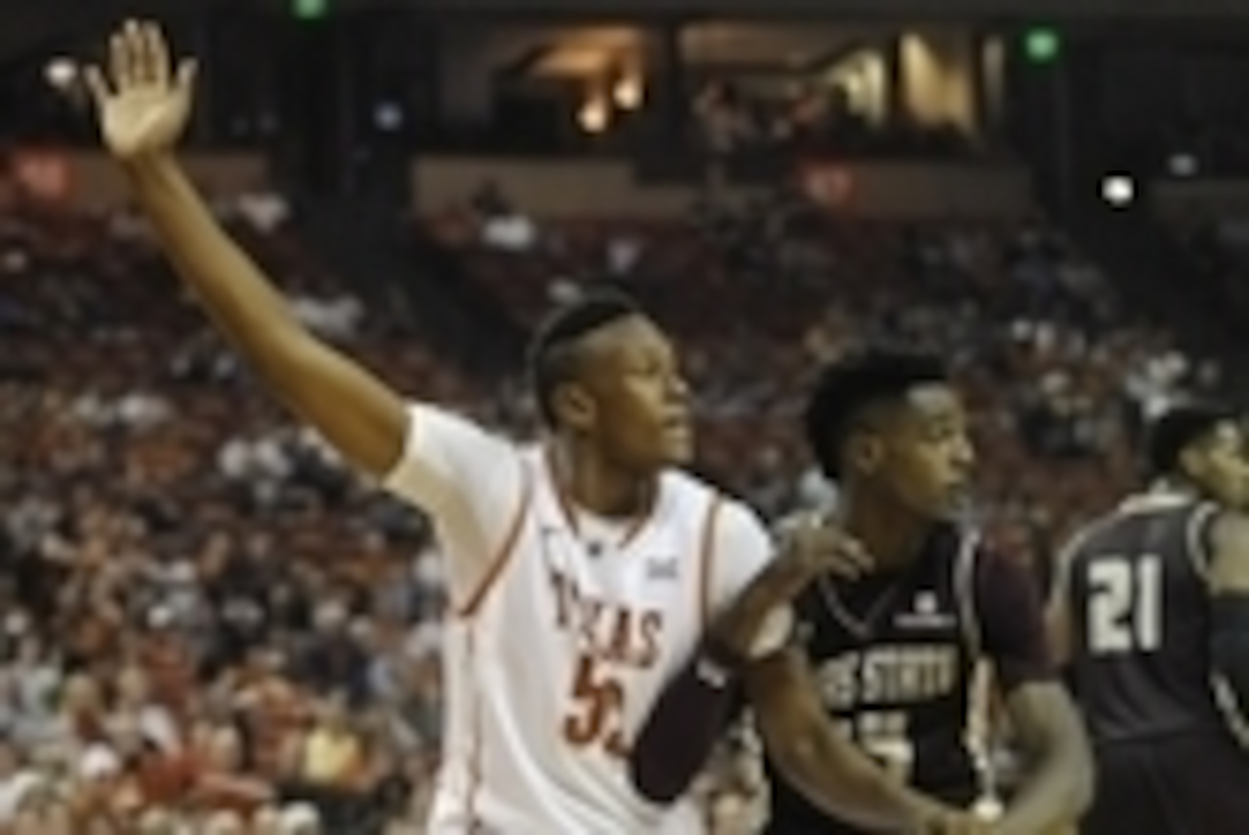 Dec 13, 2014; Austin, TX, USA; Texas Longhorns forward Myles Turner (52) fights for position against Texas State Bobcats forward Cameron Naylor (24) during the second half at the Frank Erwin Special Events Center. Texas beat Texas State 59-27. Mandatory C