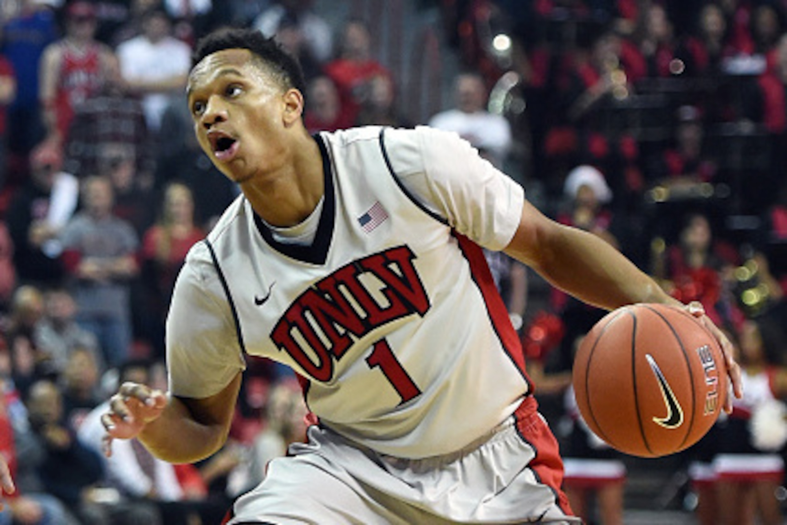 LAS VEGAS, NV - DECEMBER 17:  Rashad Vaughn #1 of the UNLV Rebels drives against the Portland Pilots during their game at the Thomas & Mack Center on December 17, 2014 in Las Vegas, Nevada. UNLV won 75-73 in overtime.  (Photo by Ethan Miller/Getty Images)