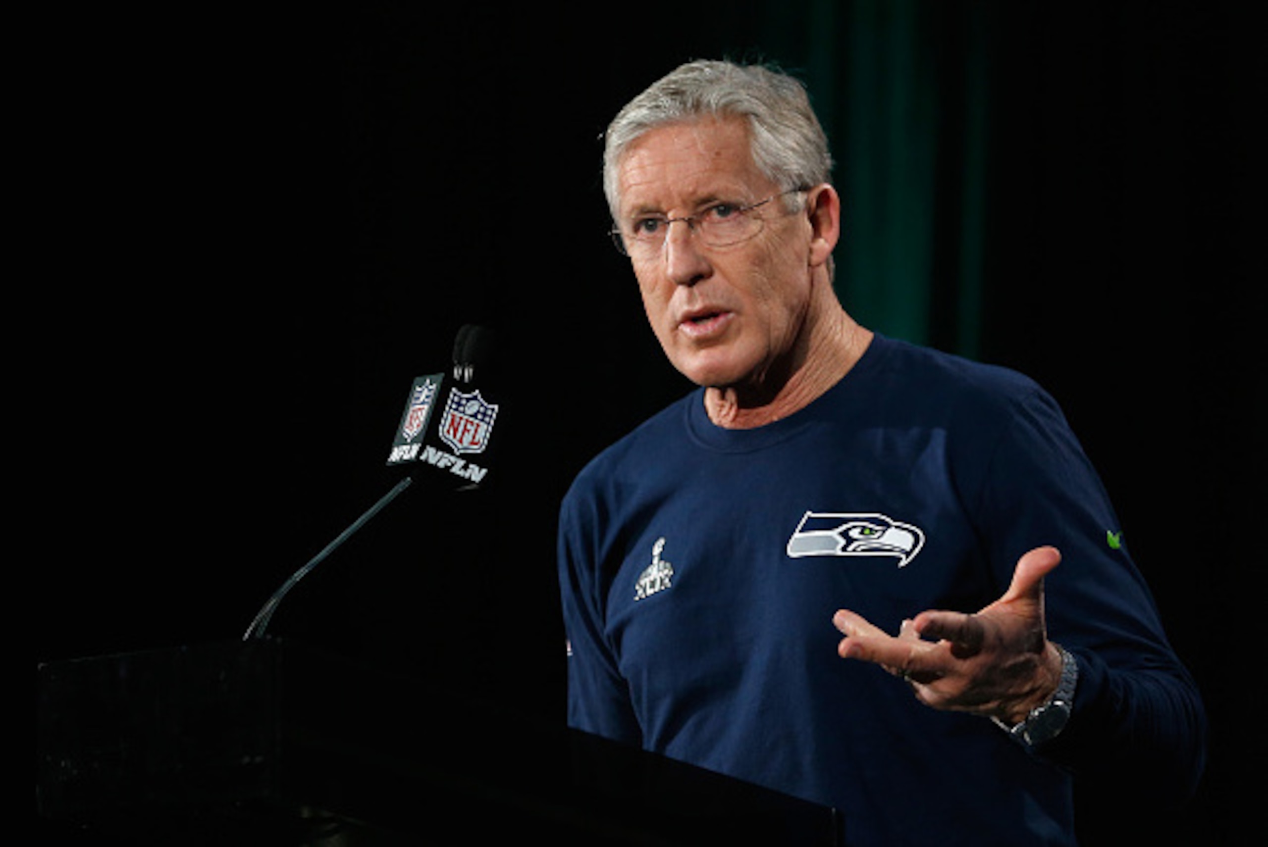 CHANDLER, AZ - JANUARY 28:  Head coach Pete Carroll of the Seattle Seahawks speaks during a Super Bowl XLIX media availability at the Arizona Grand Hotel on January 28, 2015 in Chandler, Arizona.  (Photo by Christian Petersen/Getty Images)