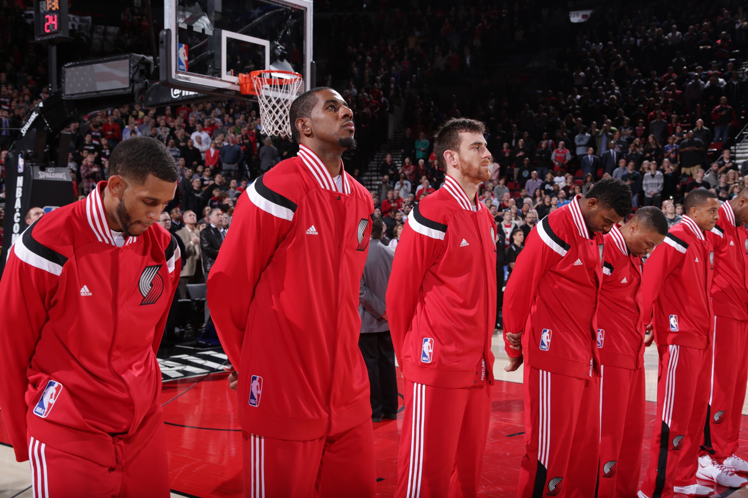 PORTLAND, OR - JANUARY 14:  LaMarcus Aldridge #12 of the Portland Trail Blazers stands on the court before the game against the Los Angeles Clippers on January 14, 2015 at the Moda Center Arena in Portland, Oregon. NOTE TO USER: User expressly acknowledge