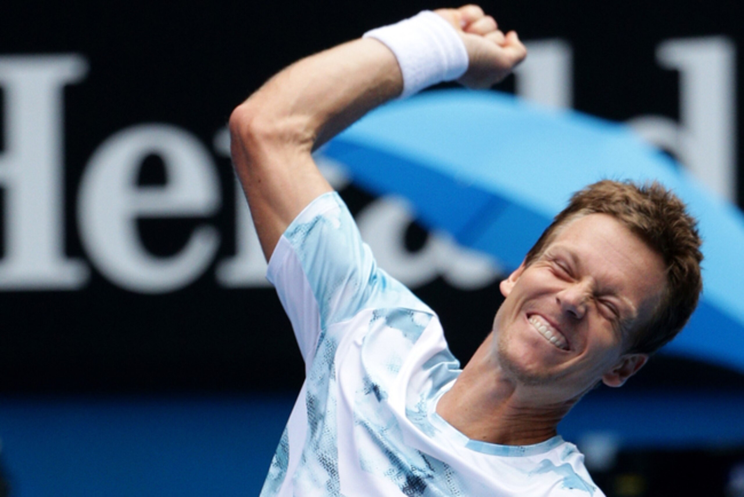 Berdych celebrates his landmark win over Nadal.
