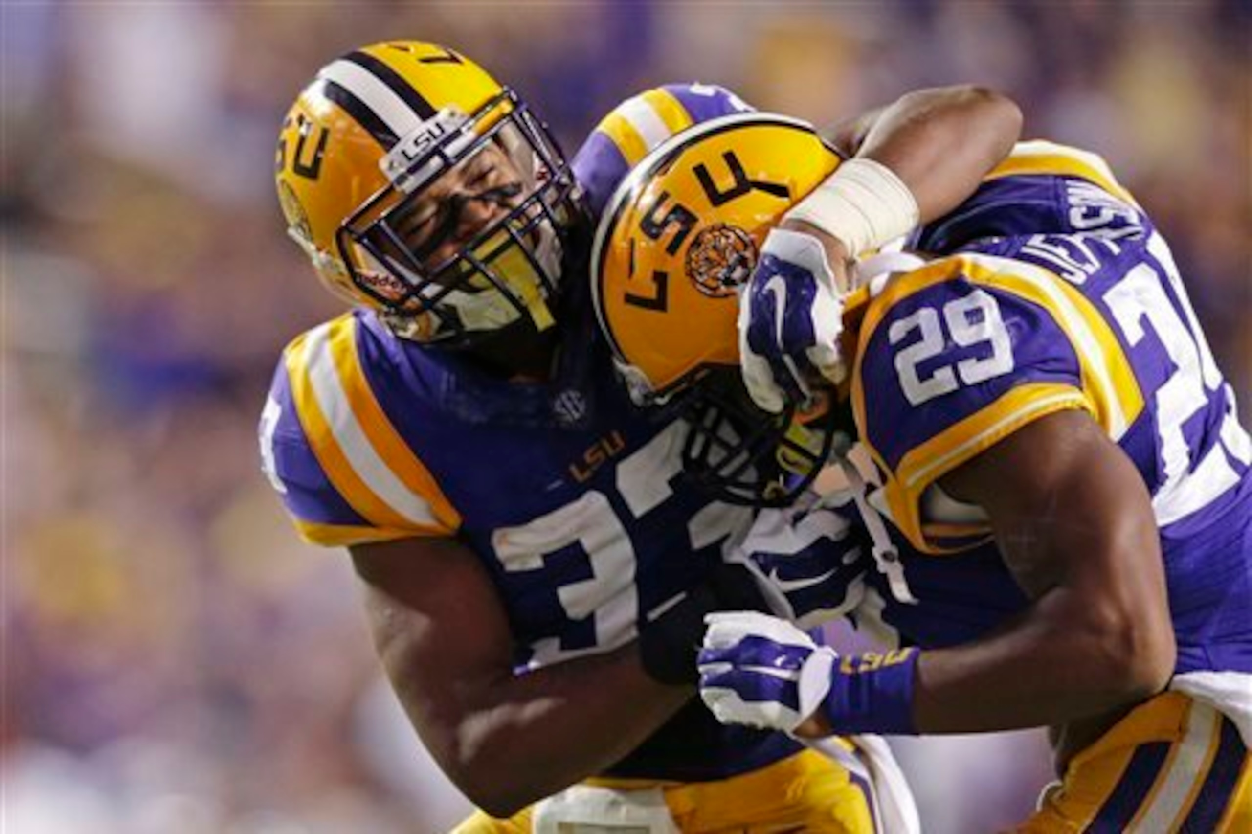 LSU safety Jamal Adams (left) celebrates with Rickey Jefferson (right).