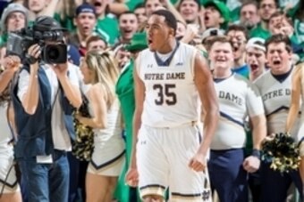 Jan 28, 2015; South Bend, IN, USA; Notre Dame Fighting Irish forward Bonzie Colson (35) reacts after a basket in the first half against the Duke Blue Devils at the Purcell Pavilion. Mandatory Credit: Matt Cashore-USA TODAY Sports