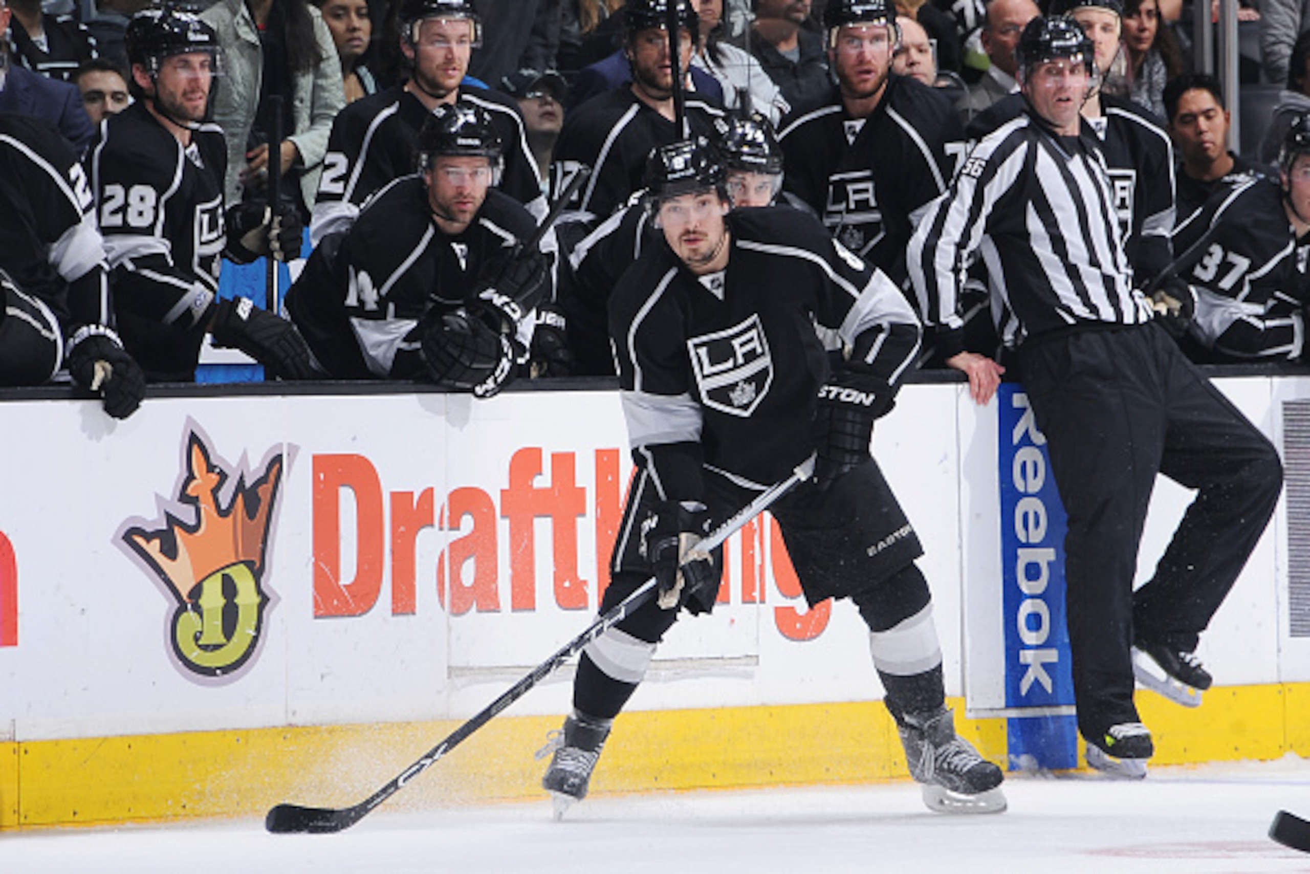 LOS ANGELES, CA - JANUARY 19: Drew Doughty #8 of the Los Angeles Kings handles the puck during a game against the Calgary Flames at STAPLES Center on January 19, 2015 in Los Angeles, California. (Photo by Juan Ocampo/NHLI via Getty Images)