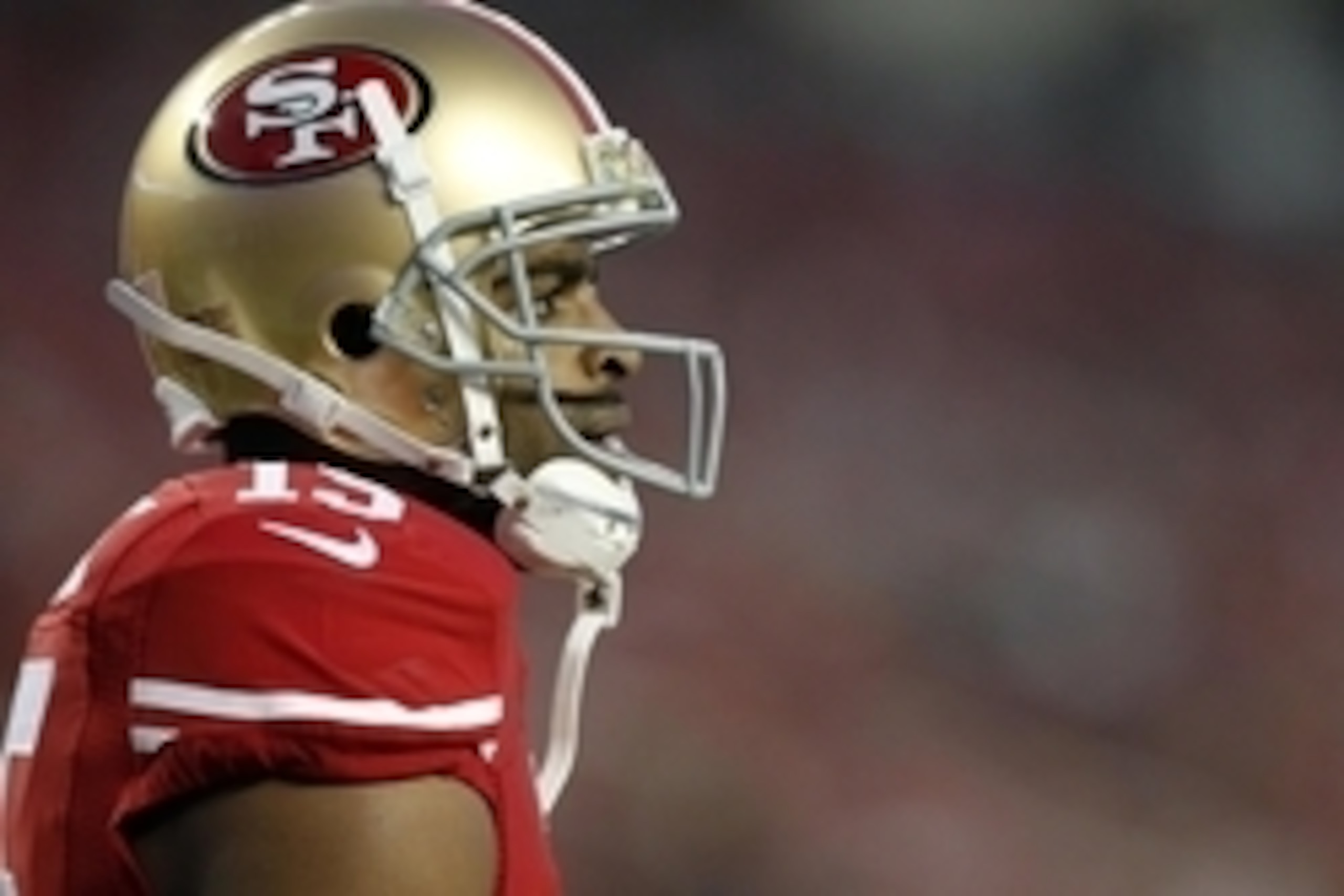 Nov 27, 2014; Santa Clara, CA, USA; San Francisco 49ers wide receiver Michael Crabtree (15) stands on the field before the start of the game against the Seattle Seahawks at Levi's Stadium. Mandatory Credit: Cary Edmondson-USA TODAY Sports