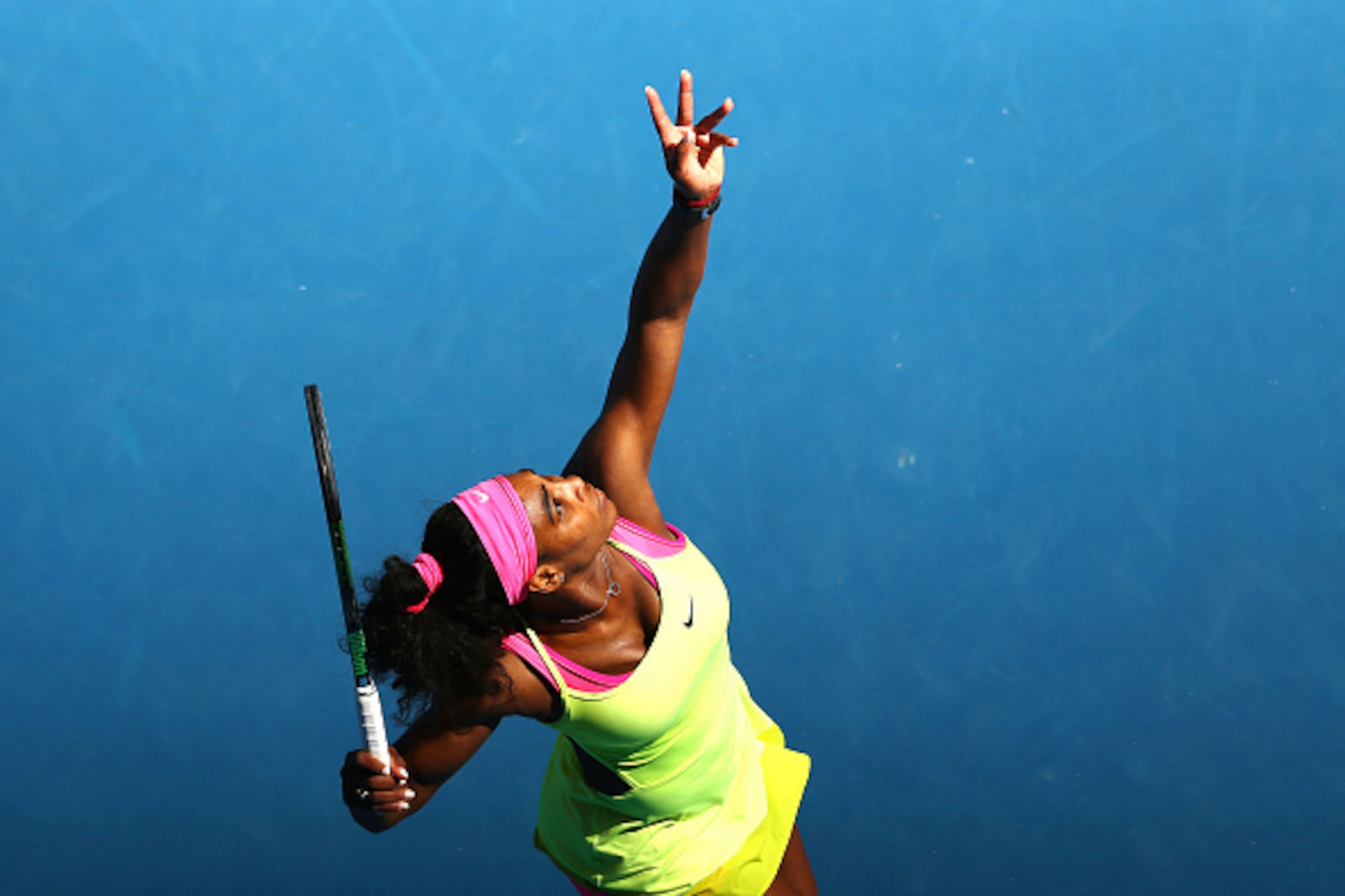 MELBOURNE, AUSTRALIA - JANUARY 29:  Serena Williams of the United States serves in her semifinal match against Madison Keys of the United States during day 11 of the 2015 Australian Open at Melbourne Park on January 29, 2015 in Melbourne, Australia.  (Pho