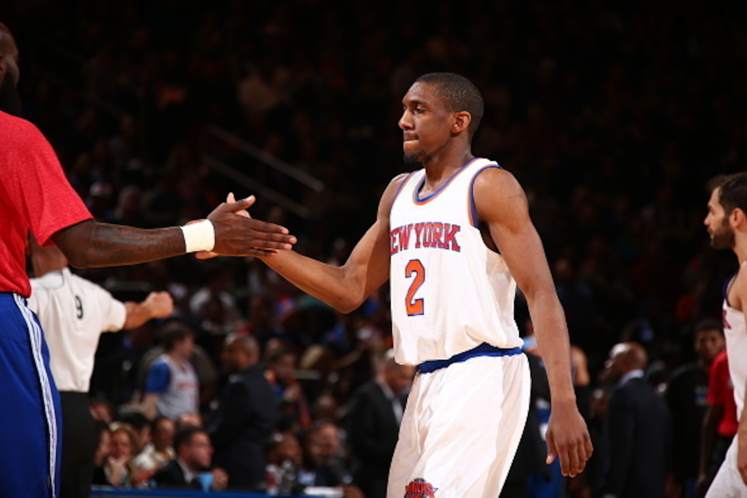 NEW YORK, NY - JANUARY 23:  Langston Galloway #2 of the New York Knicks celebrates during the game against the Orlando Magic on January 23, 2015 at Madison Square Garden in New York City, New York.  NOTE TO USER: User expressly acknowledges and agrees tha