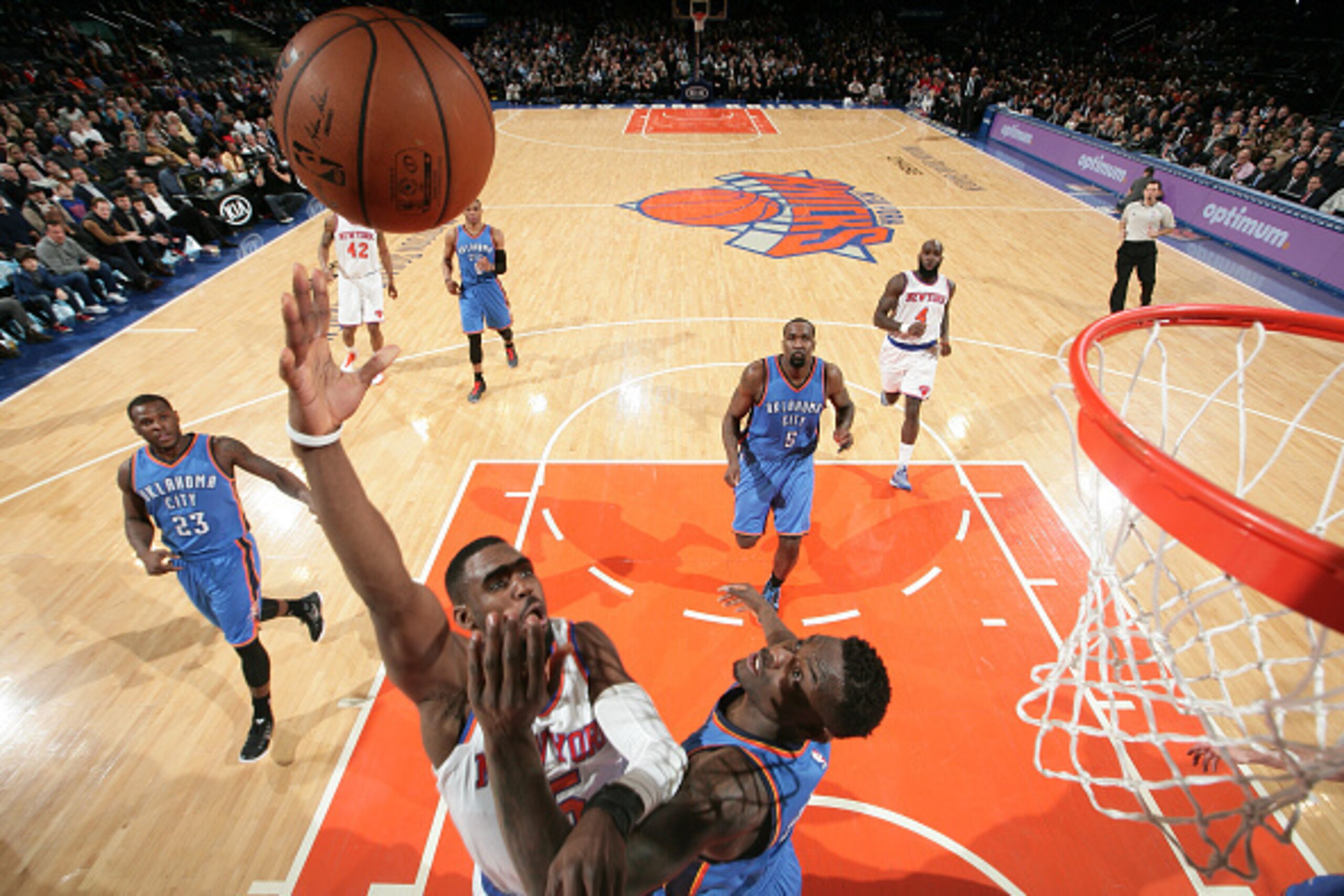 NEW YORK, NY - JANUARY 28:  Tim Hardaway Jr. #5 of the New York Knicks shoots the ball against the Oklahoma City Thunder during the game on January 28, 2015 at Madison Square Garden in New York City, New York.  NOTE TO USER: User expressly acknowledges an