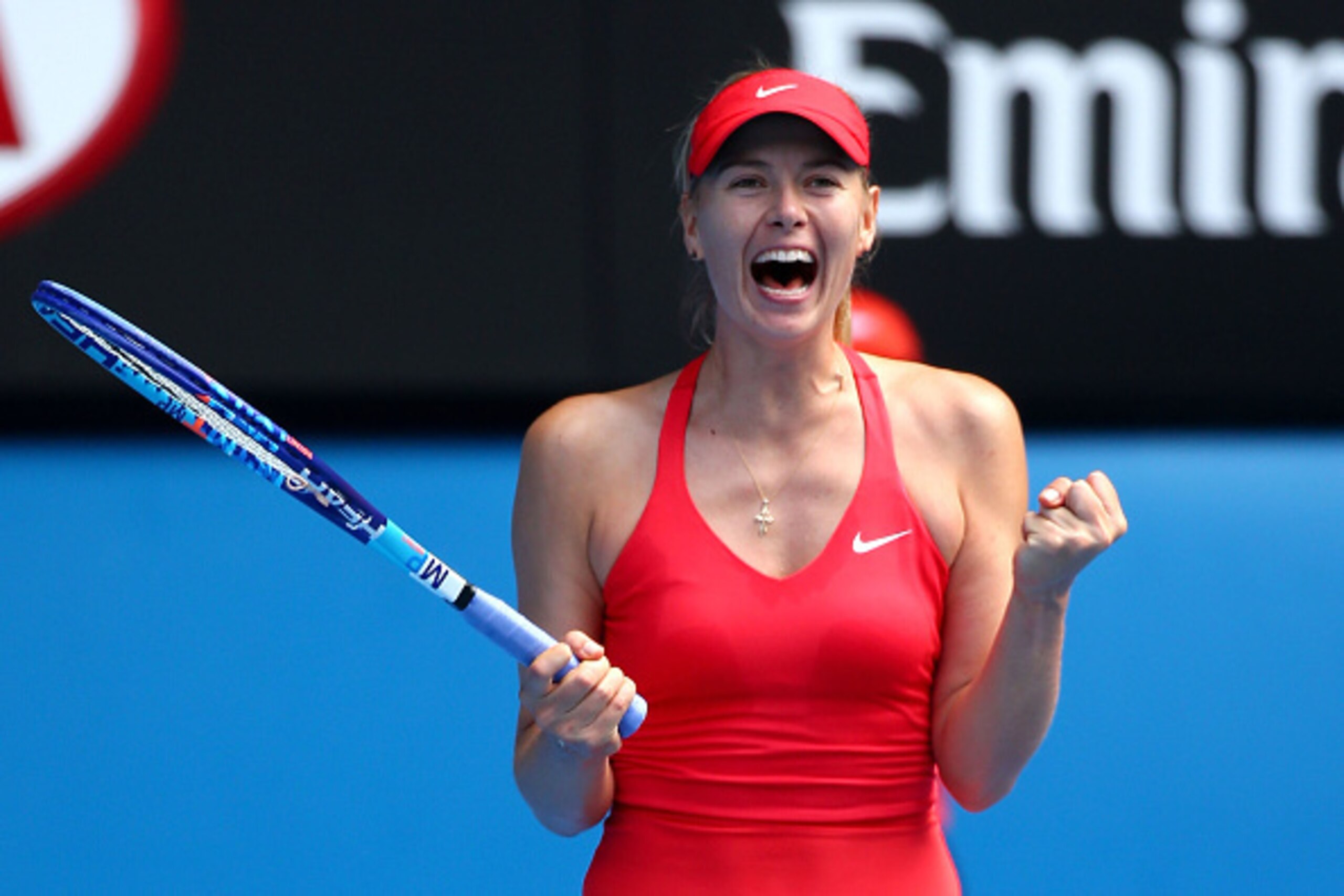 MELBOURNE, AUSTRALIA - JANUARY 29:  Maria Sharapova of Russia celebrates winning her semifinal match against Ekaterina Makarova of Russia during day 11 of the 2015 Australian Open at Melbourne Park on January 29, 2015 in Melbourne, Australia.  (Photo by Q