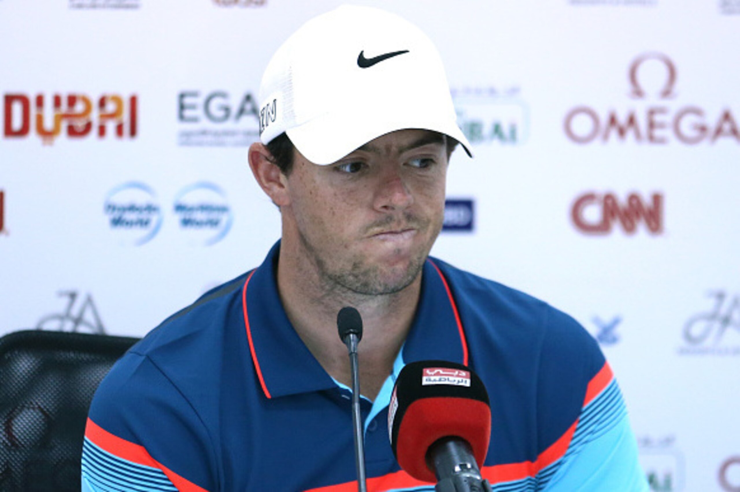 DUBAI, UNITED ARAB EMIRATES - JANUARY 28: Rory McIlroy of Northern Ireland addresses a press conference ahead of the Omega Dubai Desert Classic on the Majlis Course at the Emirates Golf Club on January 28, 2015 in Dubai, United Arab Emirates (Photo by W DUBAI, UNITED ARAB EMIRATES - JANUARY 28: Rory McIlroy of Northern Ireland addresses a press conference ahead of the Omega Dubai Desert Classic on the Majlis Course at the Emirates Golf Club on January 28, 2015 in Dubai, United Arab Emirates (Photo by W