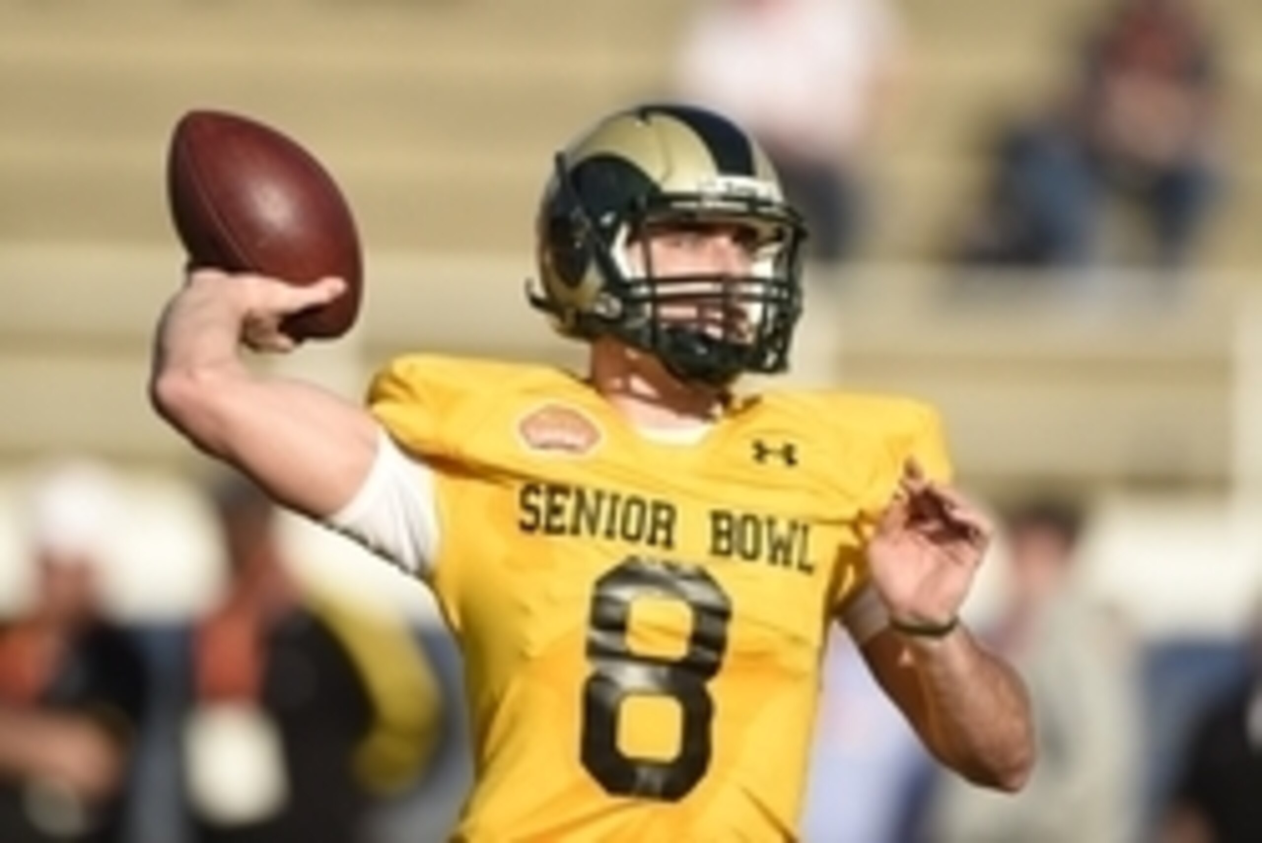 Jan 20, 2015; Fairhope, AL, USA; South squad quarterback Garrett Grayson of Colorado State (8) passes during practice at Fairhope Stadium. Mandatory Credit: John David Mercer-USA TODAY Sports