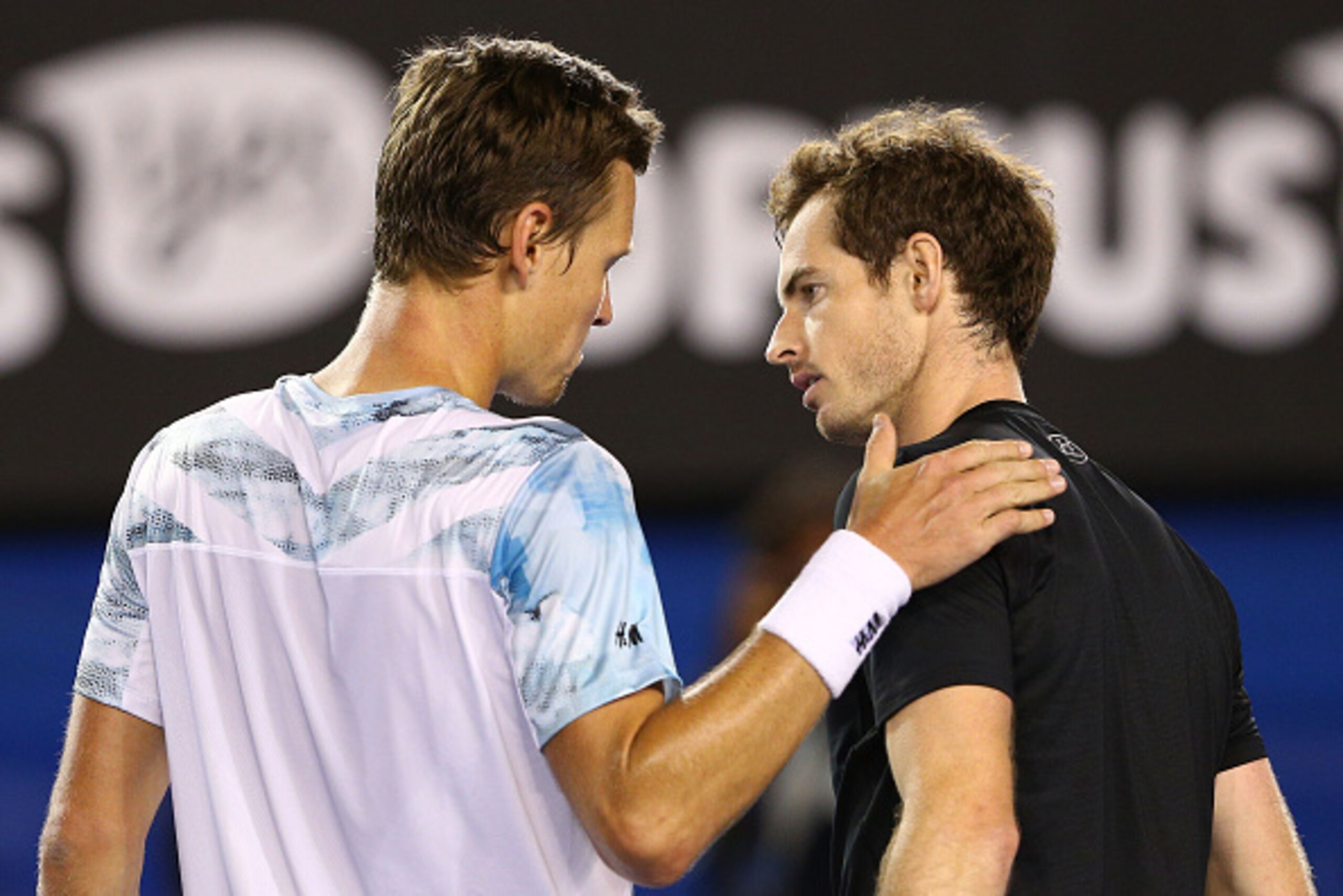 MELBOURNE, AUSTRALIA - JANUARY 29:  Andy Murray of Great Britain and Tomas Berdych of the Czech Republic at the net after Murray won their semifinal match during day 11 of the 2015 Australian Open at Melbourne Park on January 29, 2015 in Melbourne, Austra