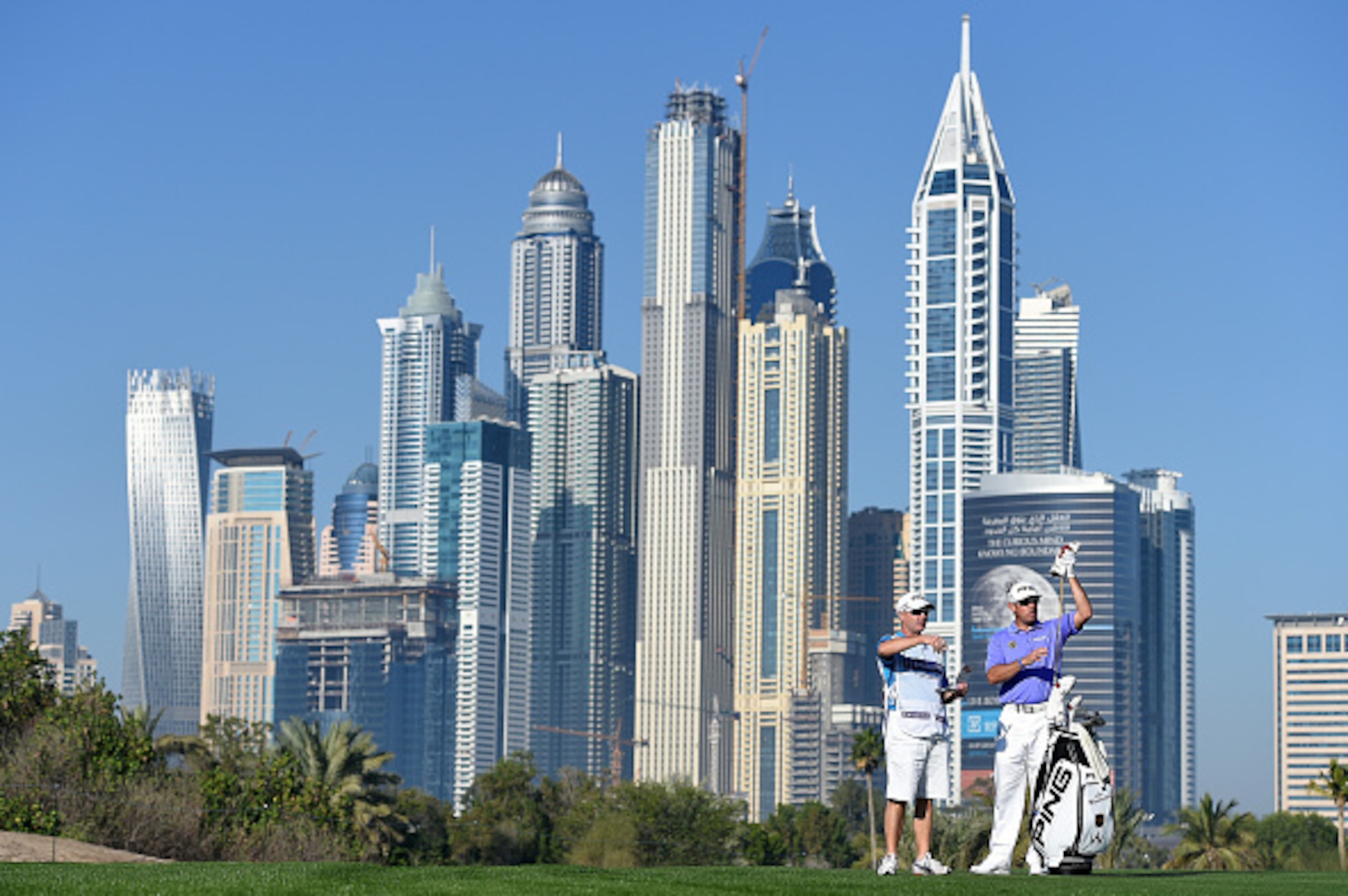 DUBAI, UNITED ARAB EMIRATES - JANUARY 29:  Lee Westwood of England on the par five 13th hole during the first round of the Omega Dubai Desert Classic at the Emirates Golf Club on January 29, 2015 in Dubai, United Arab Emirates.  (Photo by Ross Kinnaird/Ge