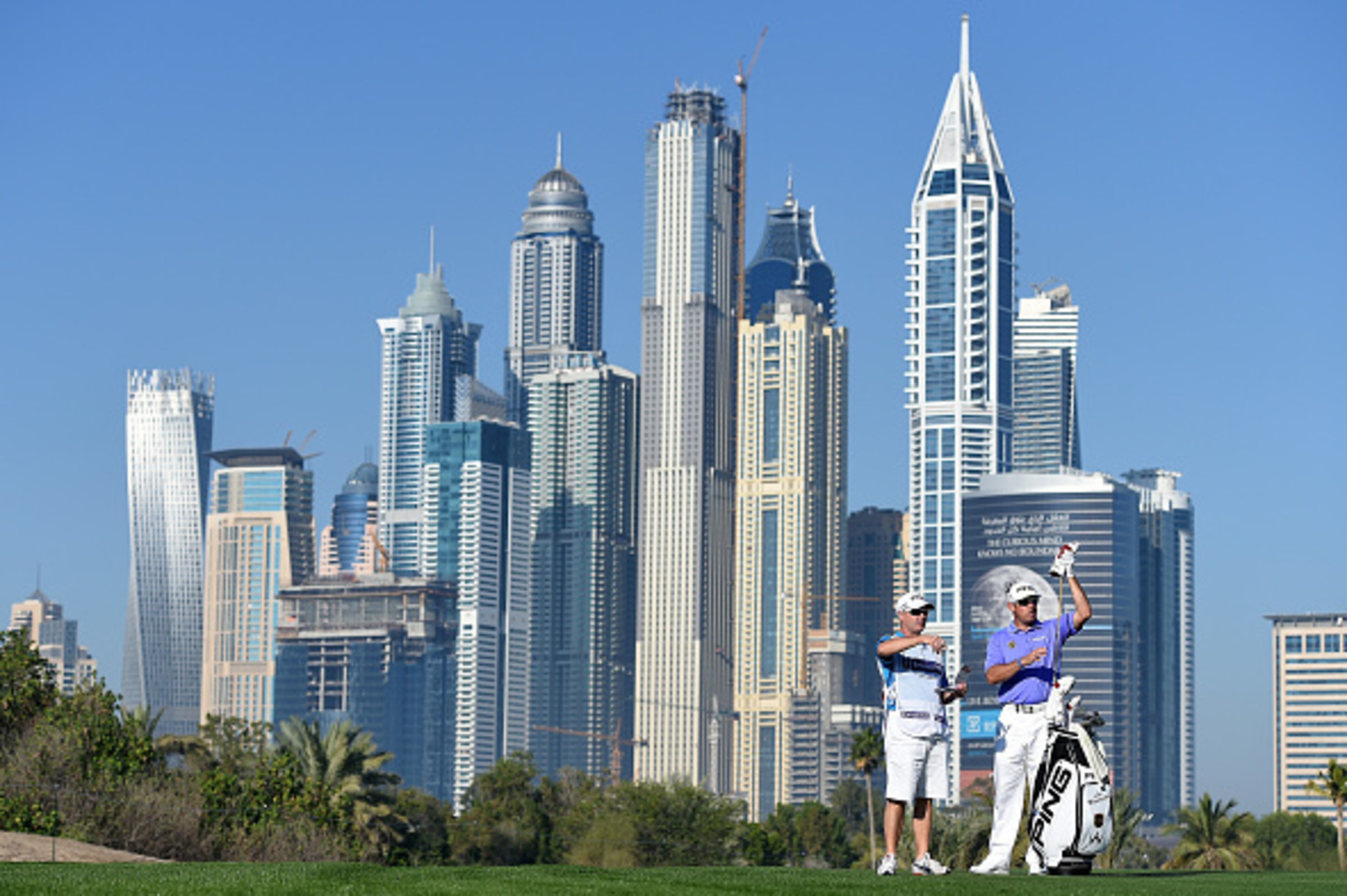 DUBAI, UNITED ARAB EMIRATES - JANUARY 29:  Lee Westwood of England on the par five 13th hole during the first round of the Omega Dubai Desert Classic at the Emirates Golf Club on January 29, 2015 in Dubai, United Arab Emirates.  (Photo by Ross Kinnaird/Ge