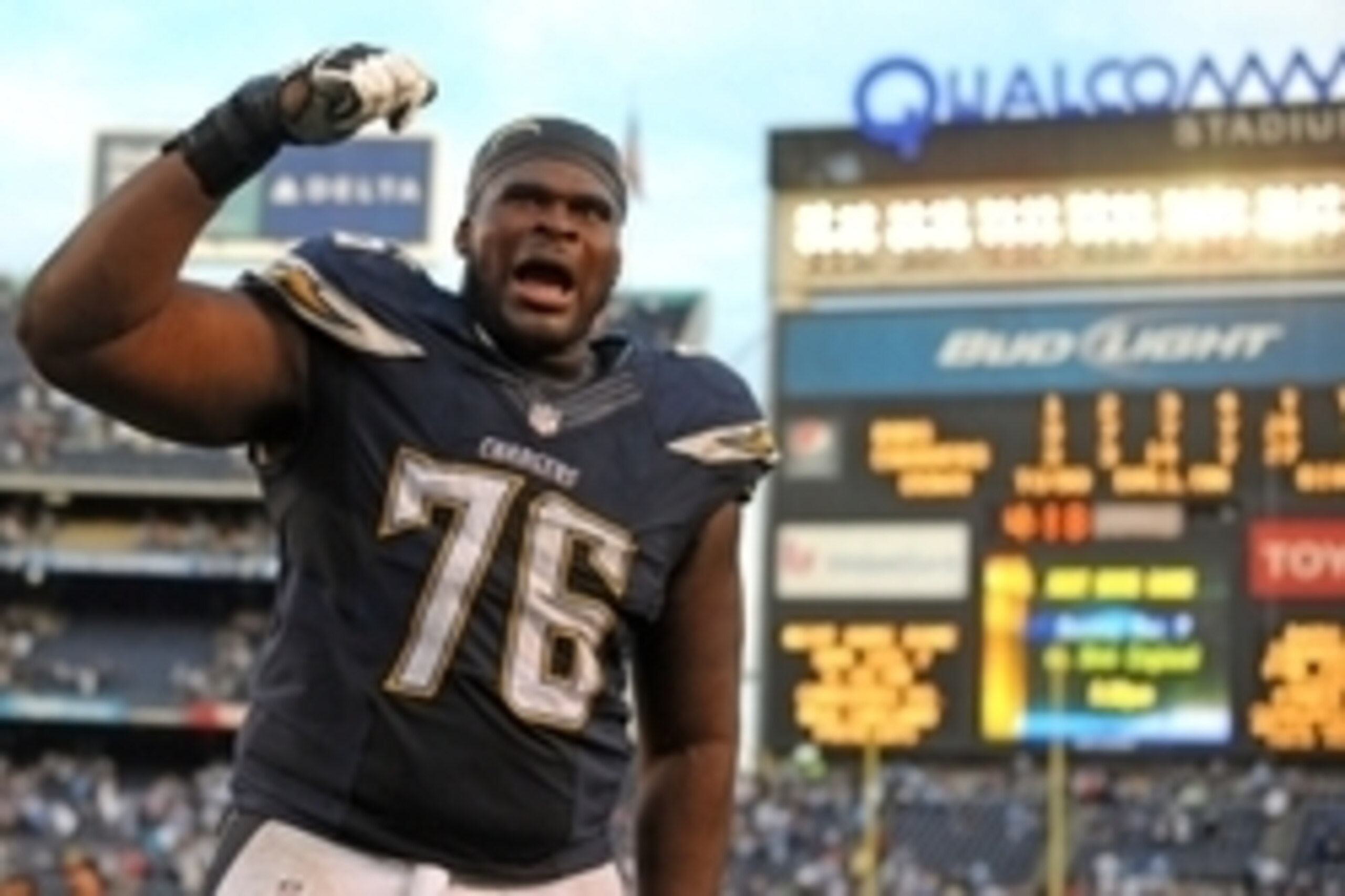 Nov 23, 2014; San Diego, CA, USA; San Diego Chargers tackle D.J. Fluker (76) celebrates after the game against the St. Louis Rams at Qualcomm Stadium. The Chargers beat the Rams 27-24. Mandatory Credit: Jake Roth-USA TODAY Sports