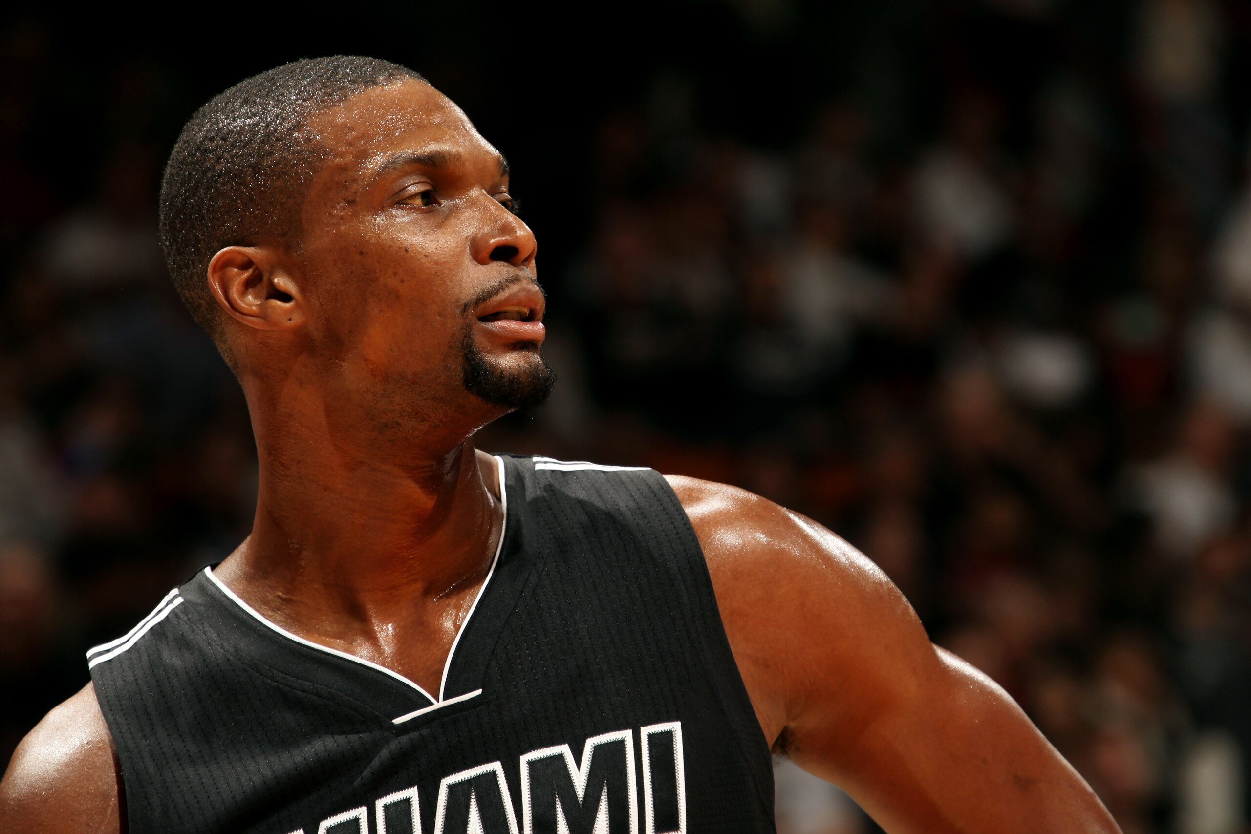 MIAMI, FL - JANUARY 20: Chris Bosh #1 of the Miami Heat stands on the court during a game against the Oklahoma City Thunder on January 20, 2015 at American Airlines Arena in Miami, Florida. NOTE TO USER: User expressly acknowledges and agrees that, by dow