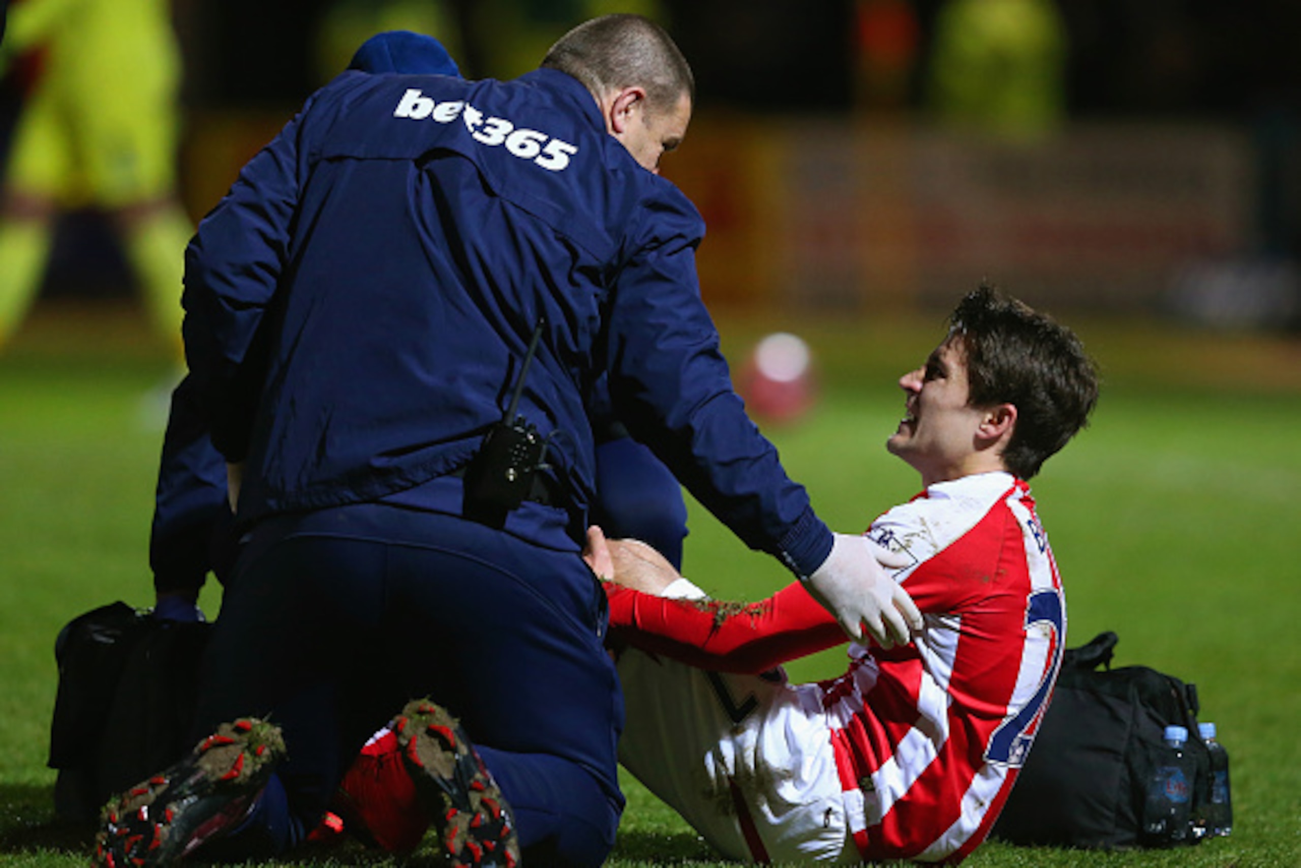ROCHDALE, ENGLAND - JANUARY 26:  Bojan Krkic of Stoke City receives treatment during the FA Cup fourth round match between Rochdale and Stoke City at Spotland Stadium on January 26, 2015 in Rochdale, England.  (Photo by Alex Livesey/Getty Images)