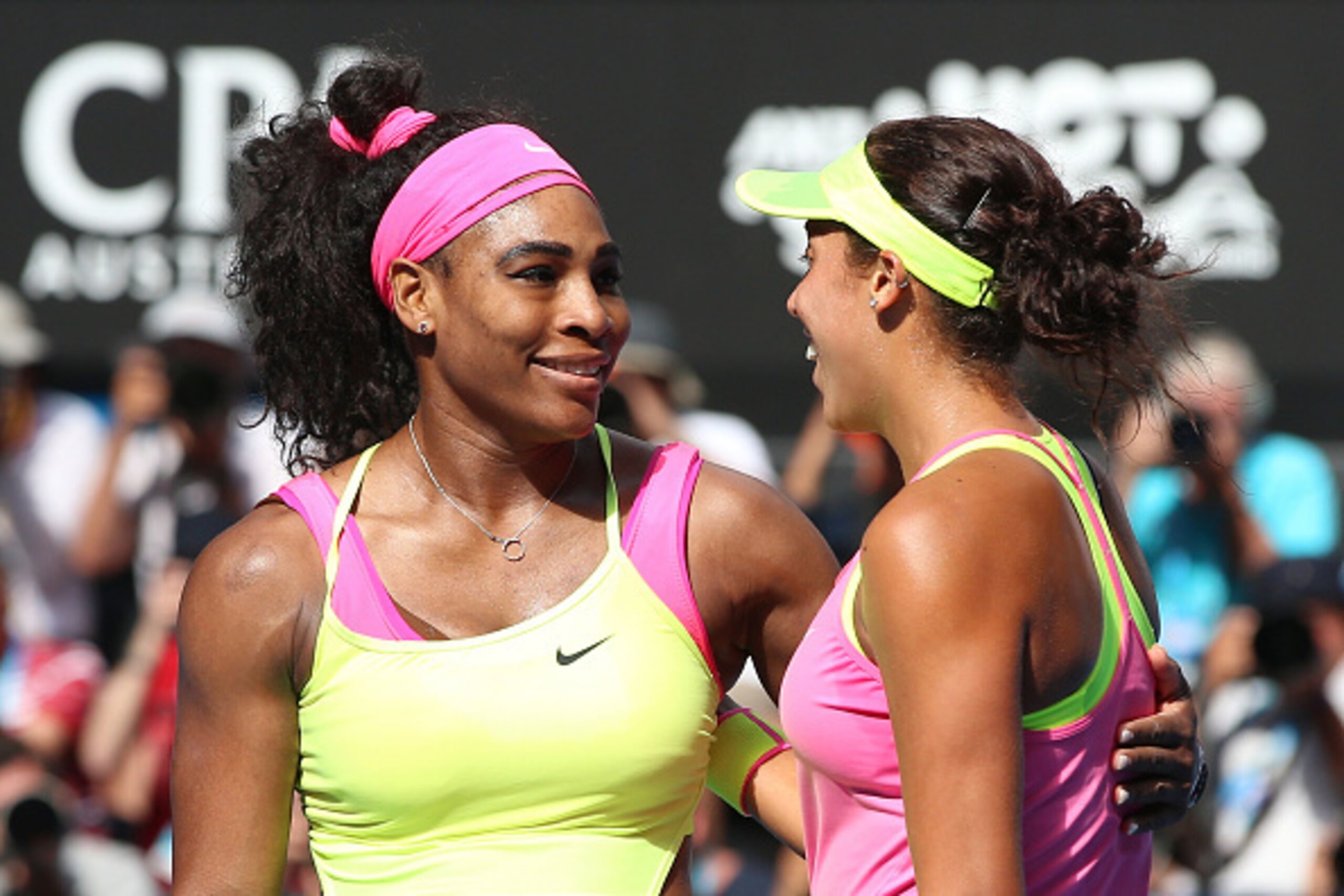 MELBOURNE, AUSTRALIA - JANUARY 29:  Serena Williams of the United States hugs Madison Keys of the United States after Williams won their semifinal match during day 11 of the 2015 Australian Open at Melbourne Park on January 29, 2015 in Melbourne, Australi