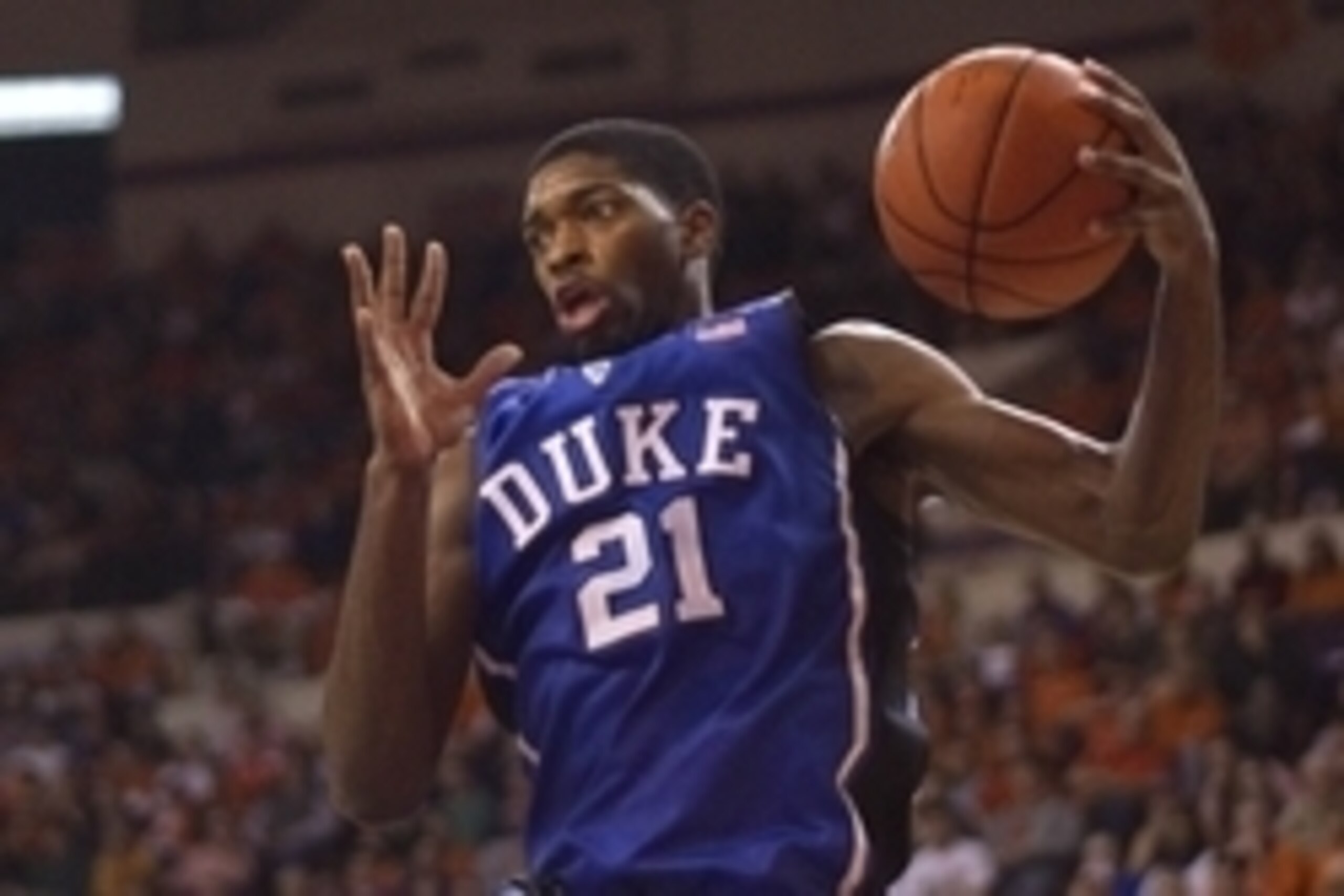 Jan 11, 2014; Clemson, SC, USA; Duke Blue Devils forward Amile Jefferson (21) gets the rebound during the second half against the Clemson Tigers at J.C. Littlejohn Coliseum. Tigers won 72-59. Mandatory Credit: Joshua S. Kelly-USA TODAY Sports