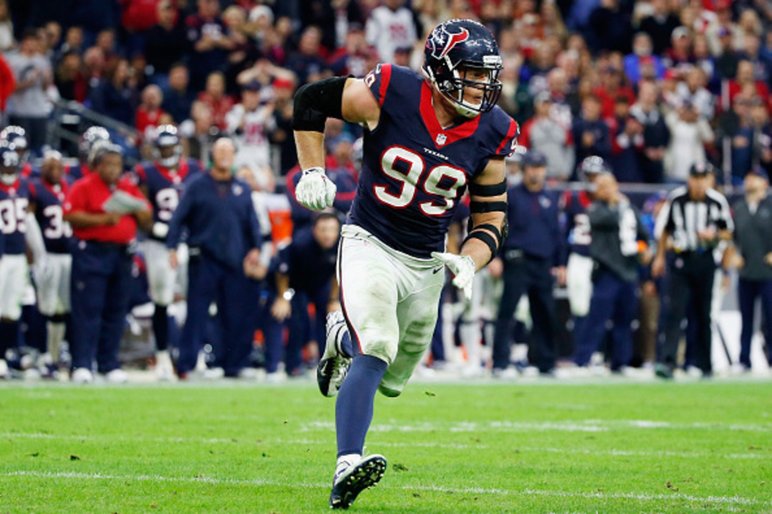 HOUSTON, TX - DECEMBER 28: J.J. Watt #99 of the Houston Texans runs on the field during their game against the Jacksonville Jaguars at NRG Stadium on December 28, 2014 in Houston, Texas. (Photo by Scott Halleran/Getty Images) HOUSTON, TX - DECEMBER 28: J.J. Watt #99 of the Houston Texans runs on the field during their game against the Jacksonville Jaguars at NRG Stadium on December 28, 2014 in Houston, Texas. (Photo by Scott Halleran/Getty Images)