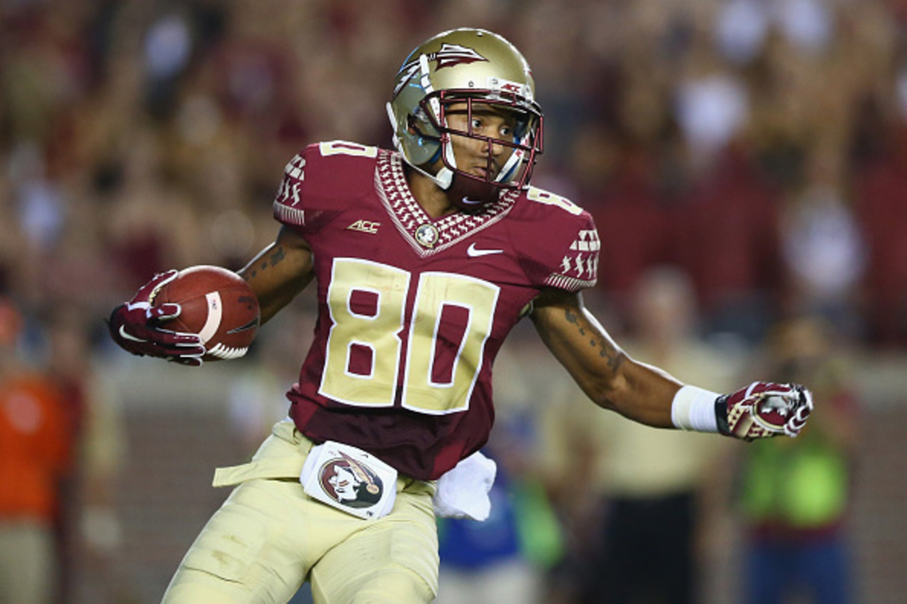 TALLAHASSEE, FL - SEPTEMBER 20: Rashad Greene #80 of the Florida State Seminoles runs the ball against the Clemson Tigers at Doak Campbell Stadium on September 20, 2014 in Tallahassee, Florida. (Photo by Ronald Martinez/Getty Images) TALLAHASSEE, FL - SEPTEMBER 20: Rashad Greene #80 of the Florida State Seminoles runs the ball against the Clemson Tigers at Doak Campbell Stadium on September 20, 2014 in Tallahassee, Florida. (Photo by Ronald Martinez/Getty Images)