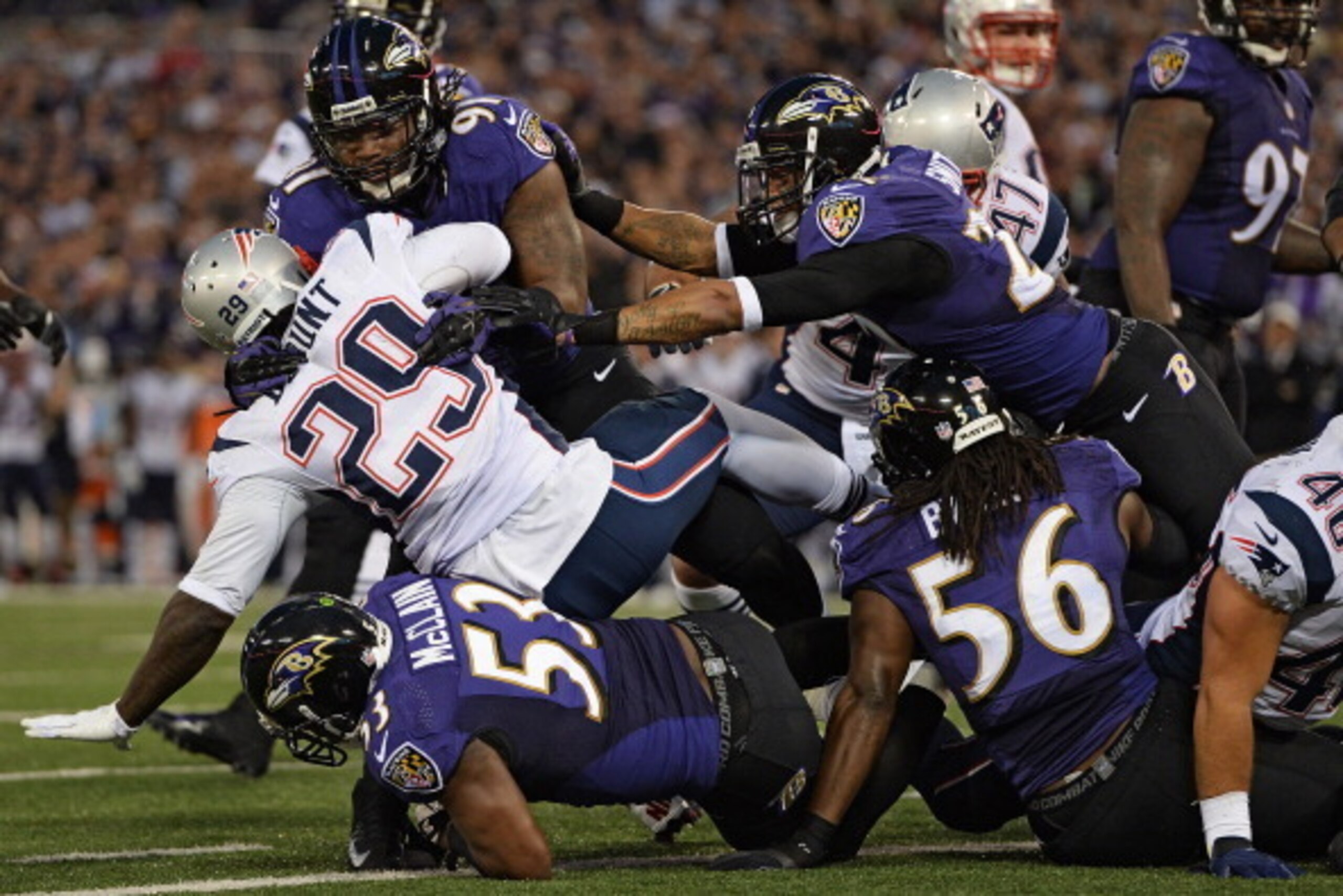 BALTIMORE, MD - DECEMBER 22: Running back LeGarrette Blount #29 of the New England Patriots scores a touchdown against the Baltimore Ravens in the first quarter at M&T Bank Stadium on December 22, 2013 in Baltimore, Maryland. (Photo by Patrick Smith/Getty