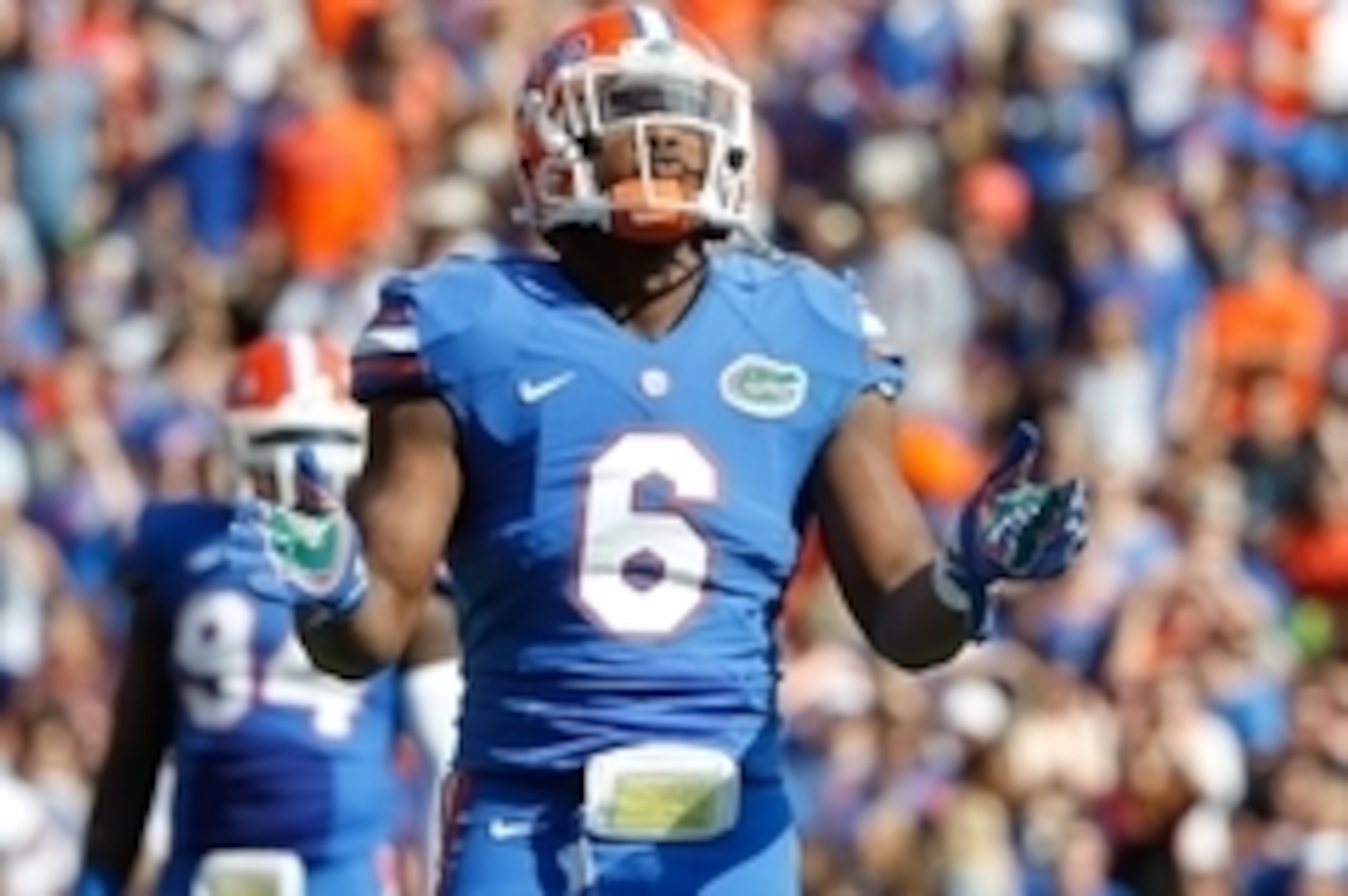 Nov 15, 2014; Gainesville, FL, USA; Florida Gators defensive lineman Dante Fowler Jr. (6) against the South Carolina Gamecocks during the second quarter at Ben Hill Griffin Stadium. Mandatory Credit: Kim Klement-USA TODAY Sports