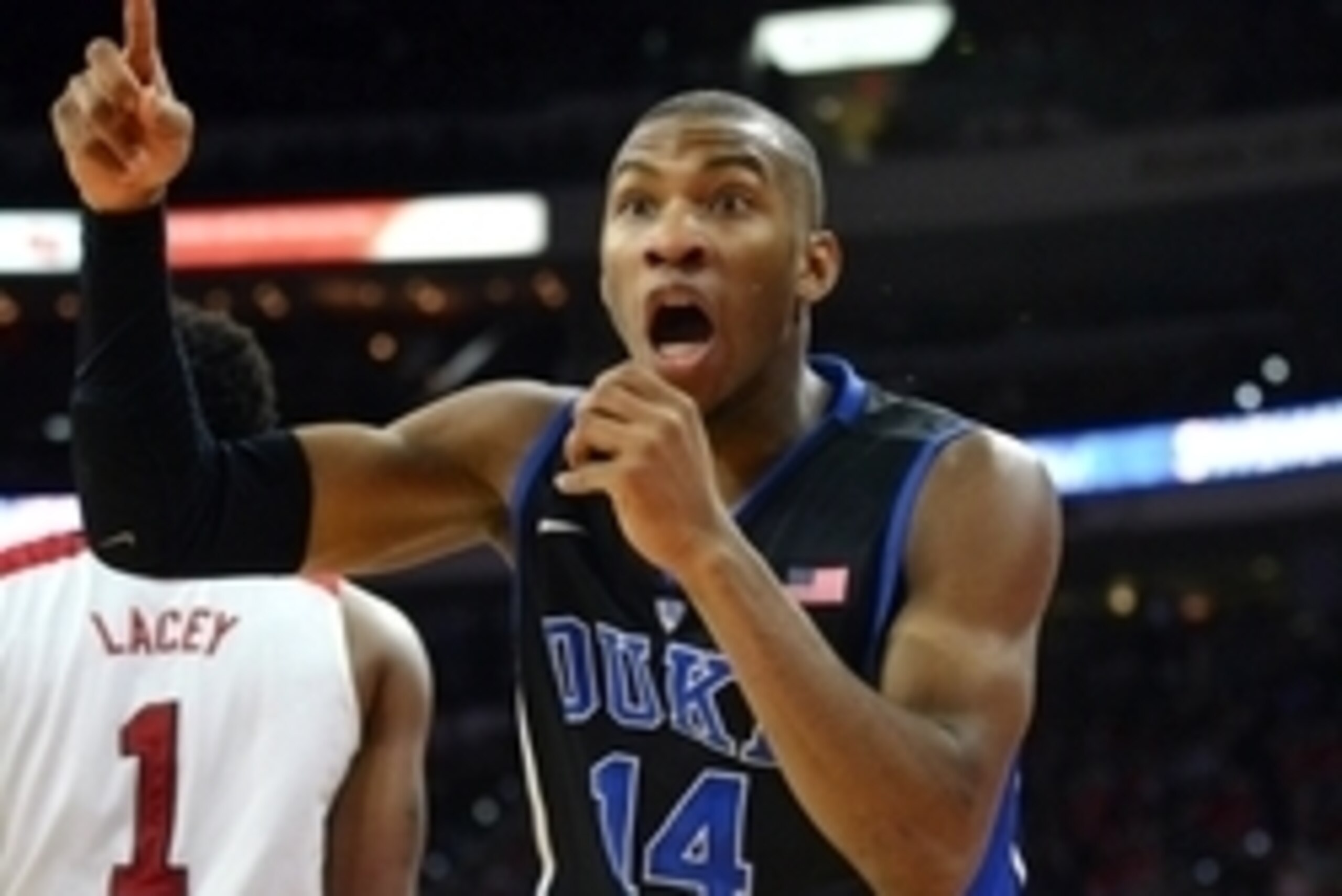 Jan 11, 2015; Raleigh, NC, USA; Duke Blue Devils guard Rasheed Sulaimon (14) reacts to a call during the second half against the North Carolina State Wolfpack at PNC Arena. North Carolina State won 87-75.  Mandatory Credit: Rob Kinnan-USA TODAY Sports