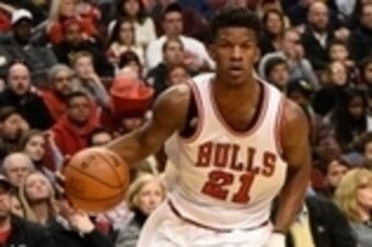 Jan 1, 2015; Chicago, IL, USA; Chicago Bulls guard Jimmy Butler (21) during the first half at the United Center. Mandatory Credit: David Banks-USA TODAY Sports