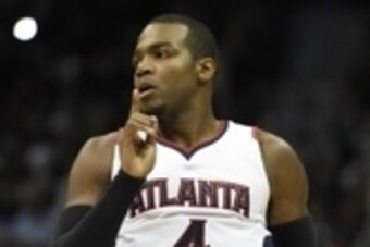 Jan 23, 2015; Atlanta, GA, USA; Atlanta Hawks forward Paul Millsap (4) reacts after scoring late in the game against the Oklahoma City Thunder during the second half at Philips Arena. The Hawks defeated the Thunder 103-93. Mandatory Credit: Dale Zanine-US