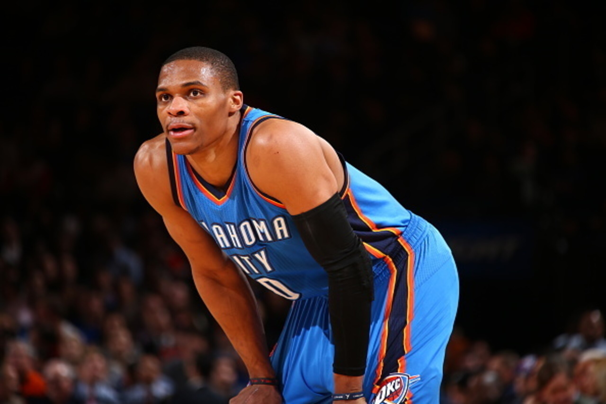 NEW YORK, NY - JANUARY 28:  Russell Westbrook #0 of the Oklahoma City Thunder during the game against the New York Knicks on January 28, 2015 at Madison Square Garden in New York City, New York.  NOTE TO USER: User expressly acknowledges and agrees that, 