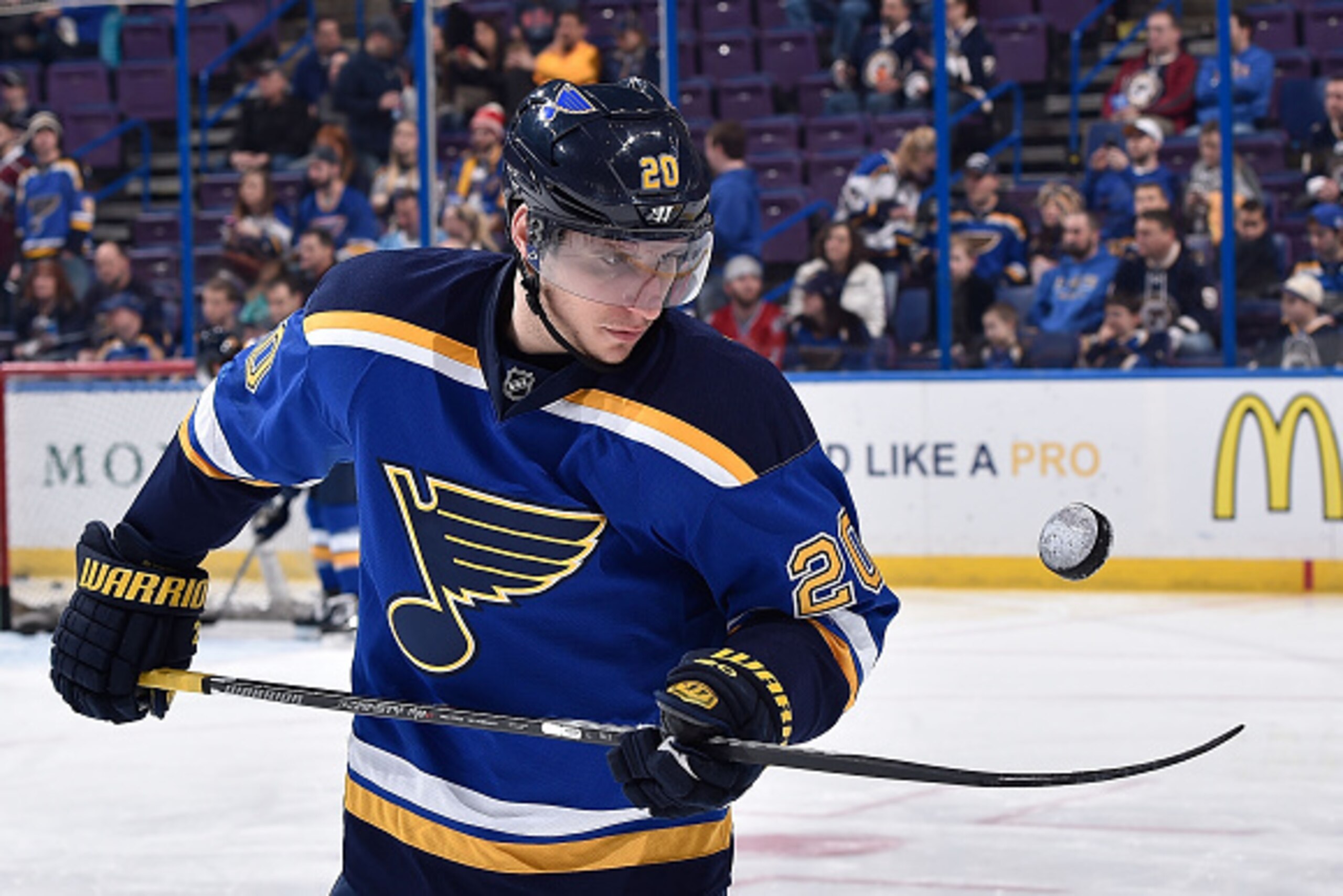 ST. LOUIS, MO - JANUARY 19:  Alexander Steen #20 of the St. Louis Blues plays with a puck during warm ups prior to playing against the Colorado Avalanche on January 19, 2015 at Scottrade Center in St. Louis, Missouri. (Photo by Scott Rovak/NHLI via Getty 