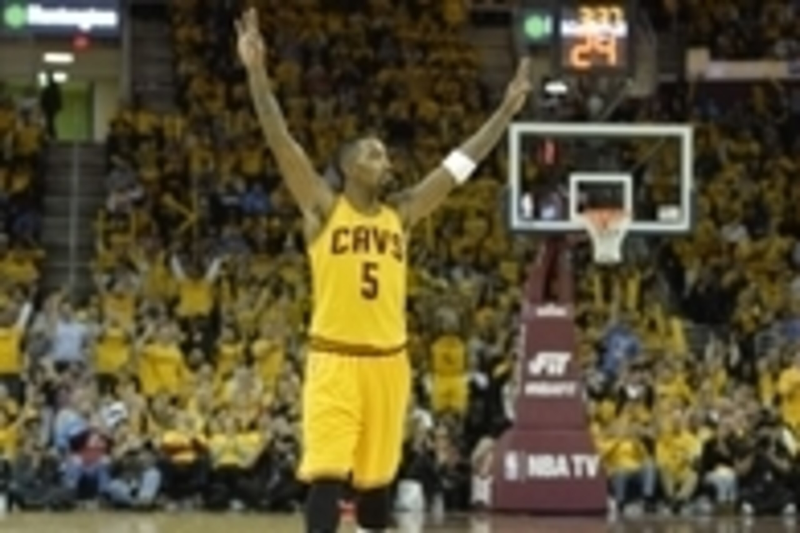 Jan 25, 2015; Cleveland, OH, USA; Cleveland Cavaliers guard J.R. Smith (5) celebrates in the fourth quarter against the Oklahoma City Thunder at Quicken Loans Arena. Mandatory Credit: David Richard-USA TODAY Sports