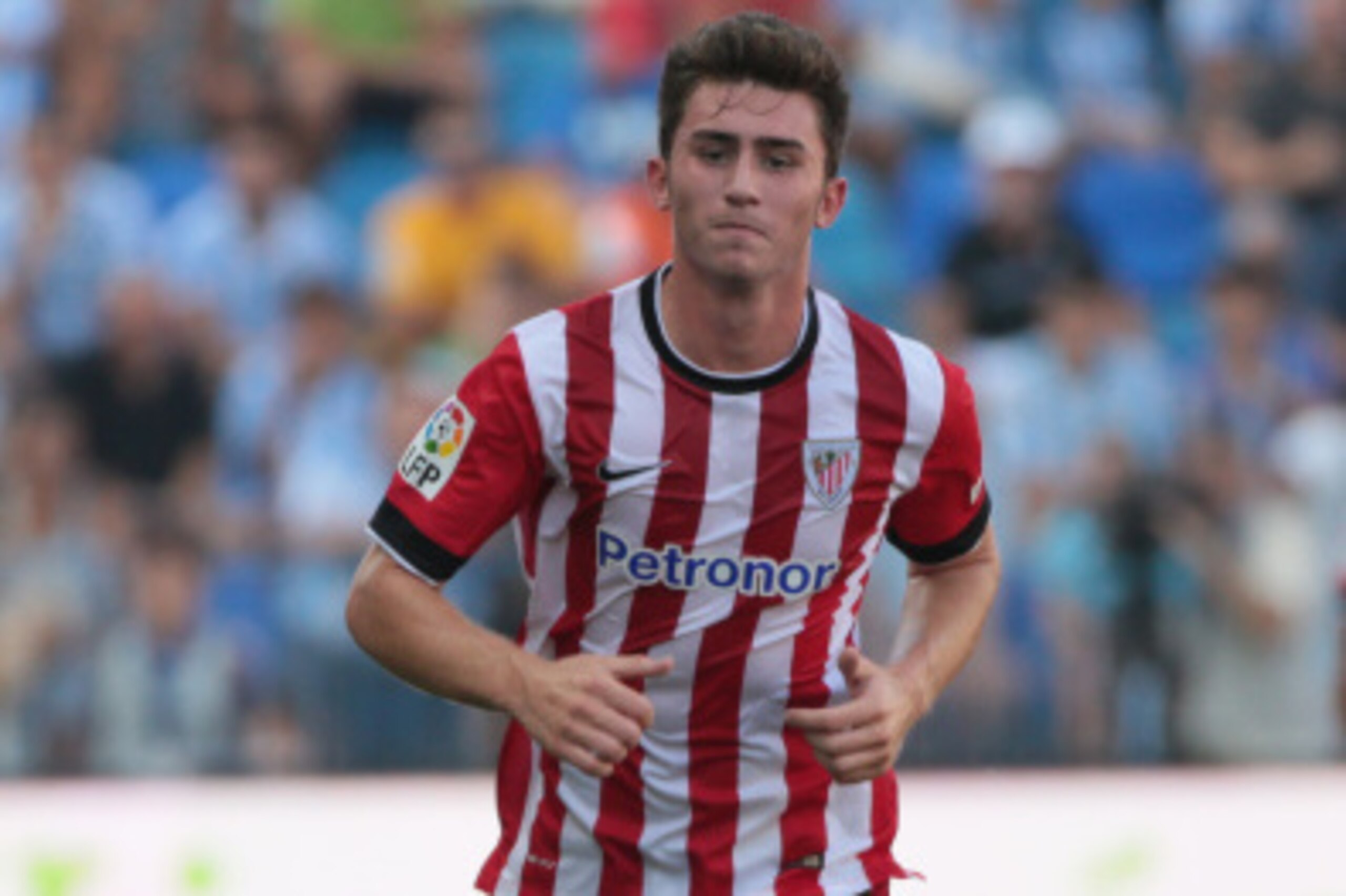 MALAGA, SPAIN - AUGUST 23: Laporte of Athletic Club Bilbao runs whit the ball during the La Liga match between Malaga CF and Athletic Club Bilbao at La Rosaleda Stadium on August 23, 2014 in Malaga, Spain. (Photo by Sergio Camacho/Getty Images)