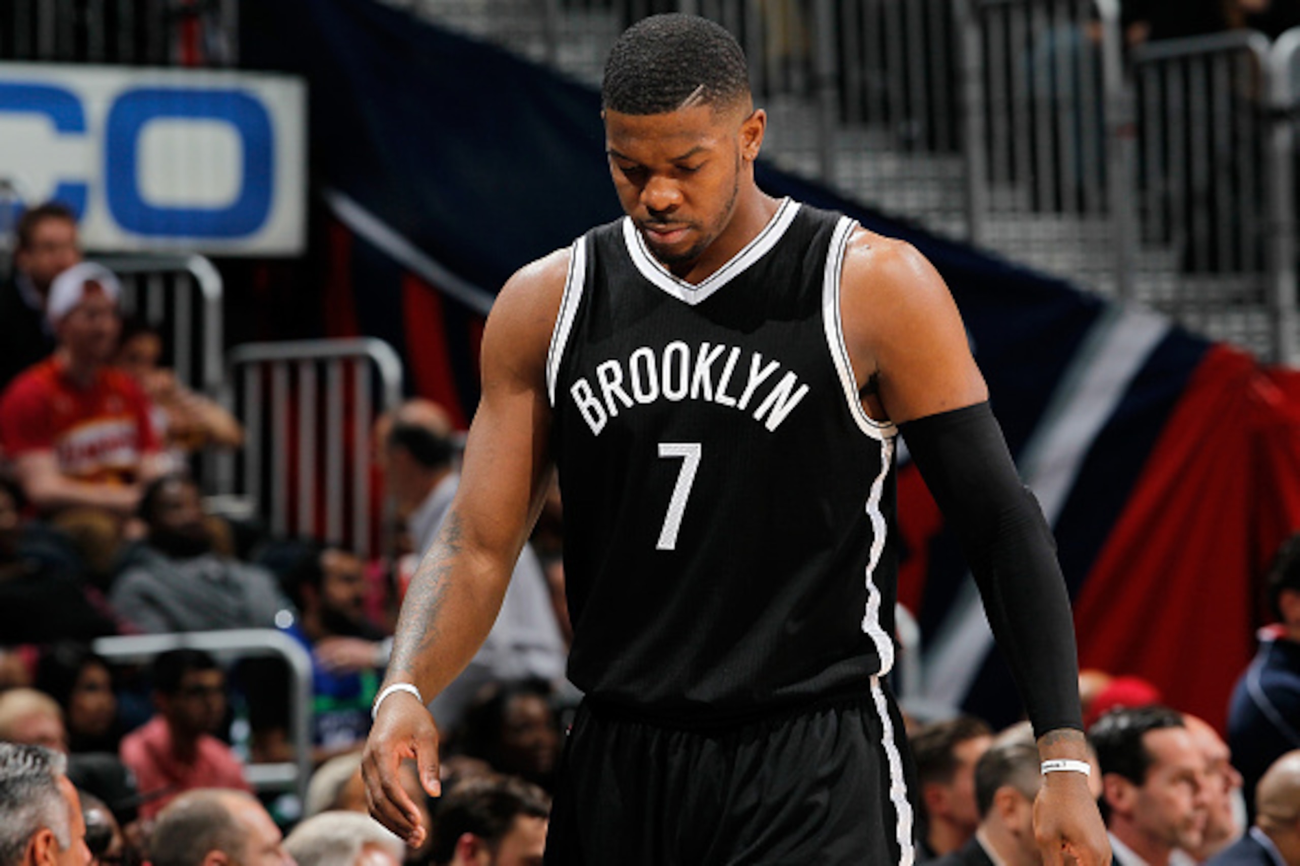 ATLANTA, GA - JANUARY 28:  Joe Johnson #7 of the Brooklyn Nets walks to the bench during the game against the Atlanta Hawks at Philips Arena on January 28, 2015 in Atlanta, Georgia.  NOTE TO USER: User expressly acknowledges and agrees that, by downloadin