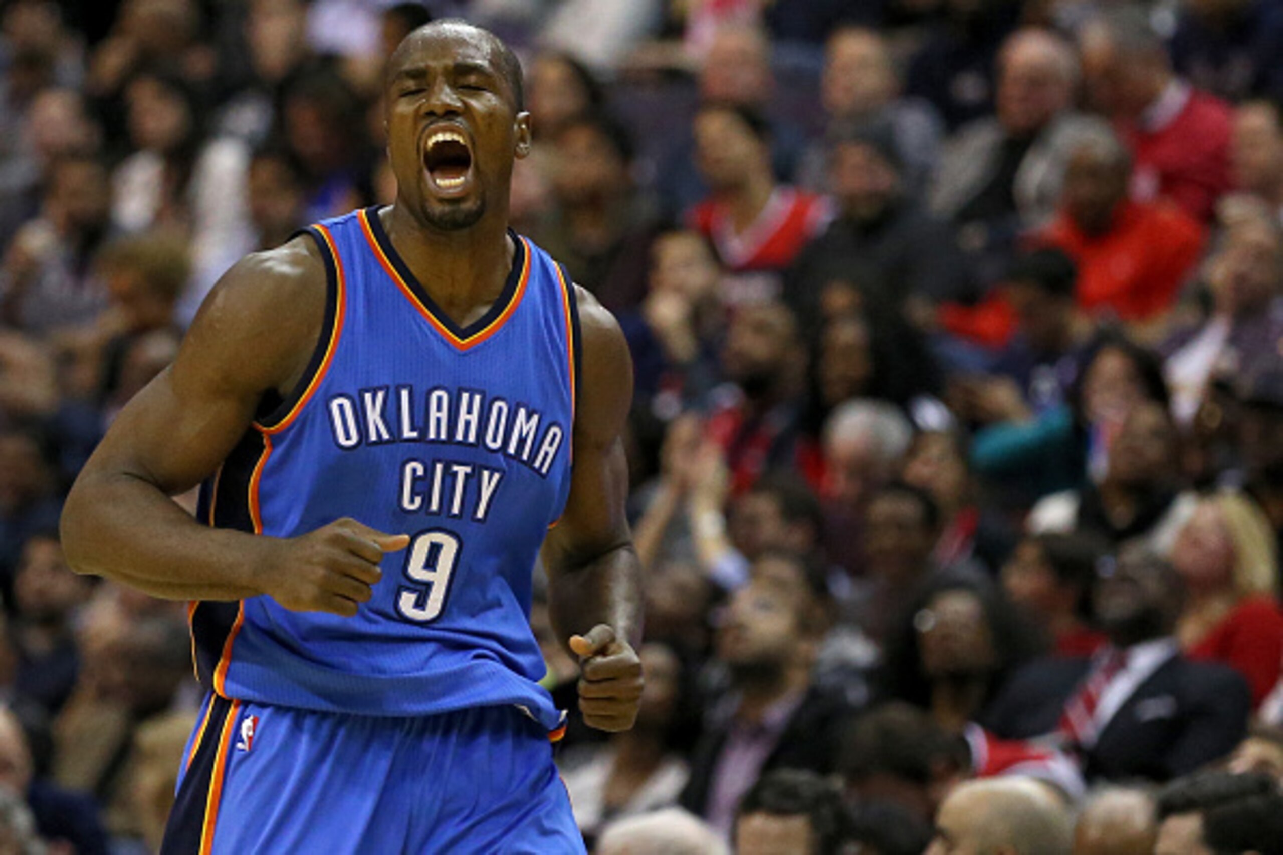 WASHINGTON, DC - JANUARY 21: Serge Ibaka #9 of the Oklahoma City Thunder celebrates after hitting a three-pointer against the Washington Wizards in the third quarter at Verizon Center on January 21, 2015 in Washington, DC. The Oklahoma City Thunder won, 1