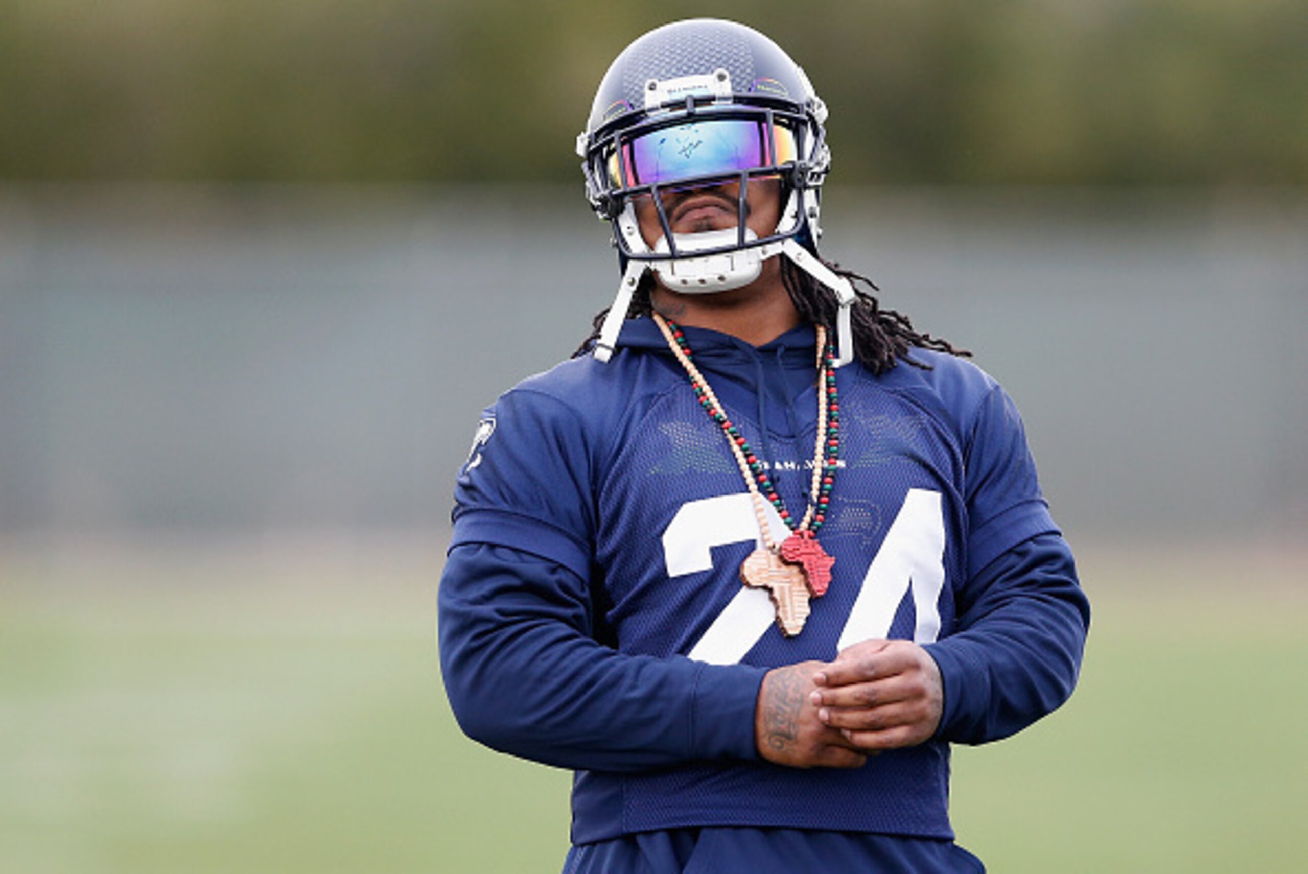 TEMPE, AZ - JANUARY 28:  Running back Marshawn Lynch #24 of the Seattle Seahawks practices at Arizona State University on January 28, 2015 in Tempe, Arizona.  (Photo by Christian Petersen/Getty Images)