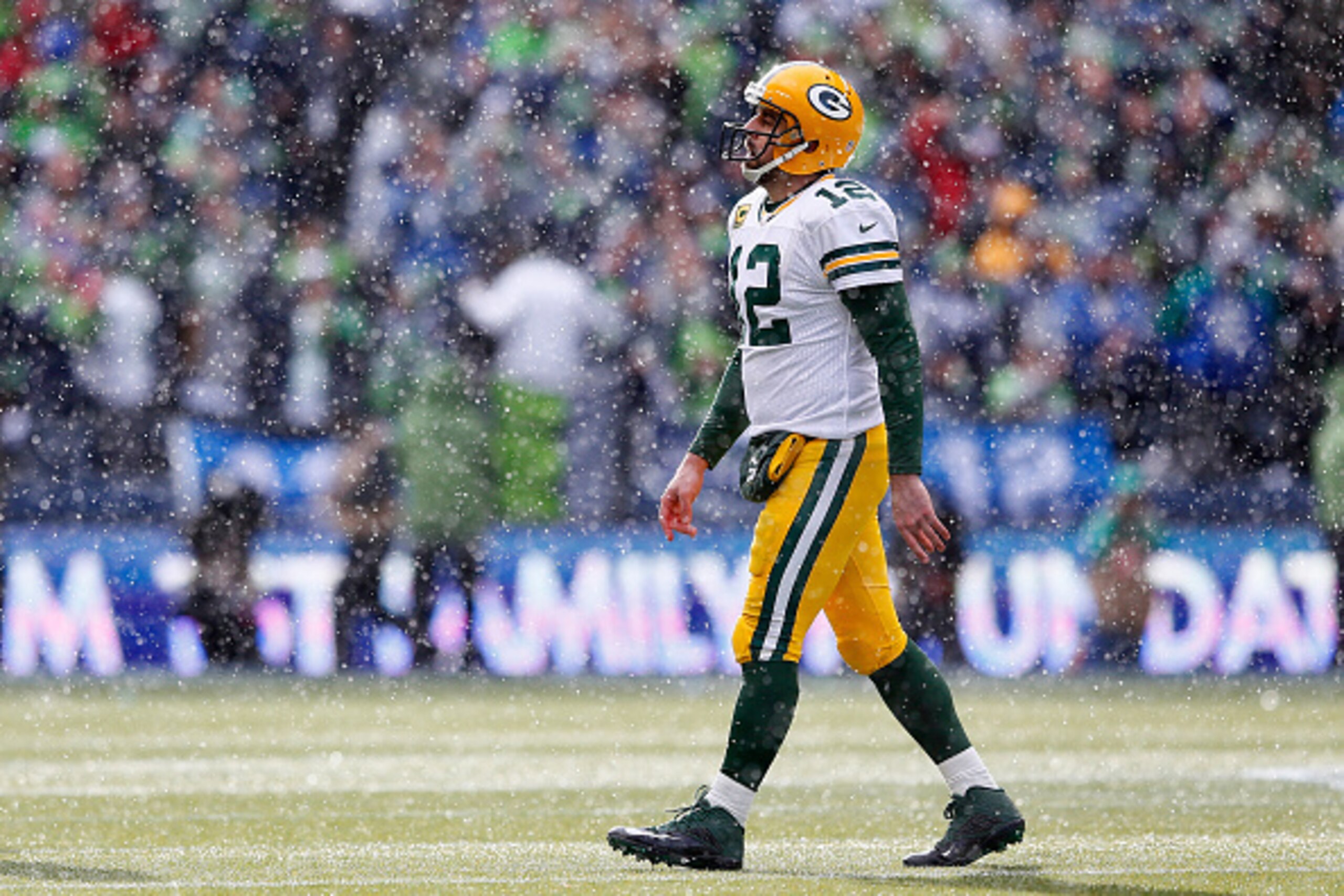 SEATTLE, WA - JANUARY 18:  Aaron Rodgers #12 of the Green Bay Packers looks on against the Seattle Seahawks during the 2015 NFC Championship game at CenturyLink Field on January 18, 2015 in Seattle, Washington.  (Photo by Kevin C. Cox/Getty Images)