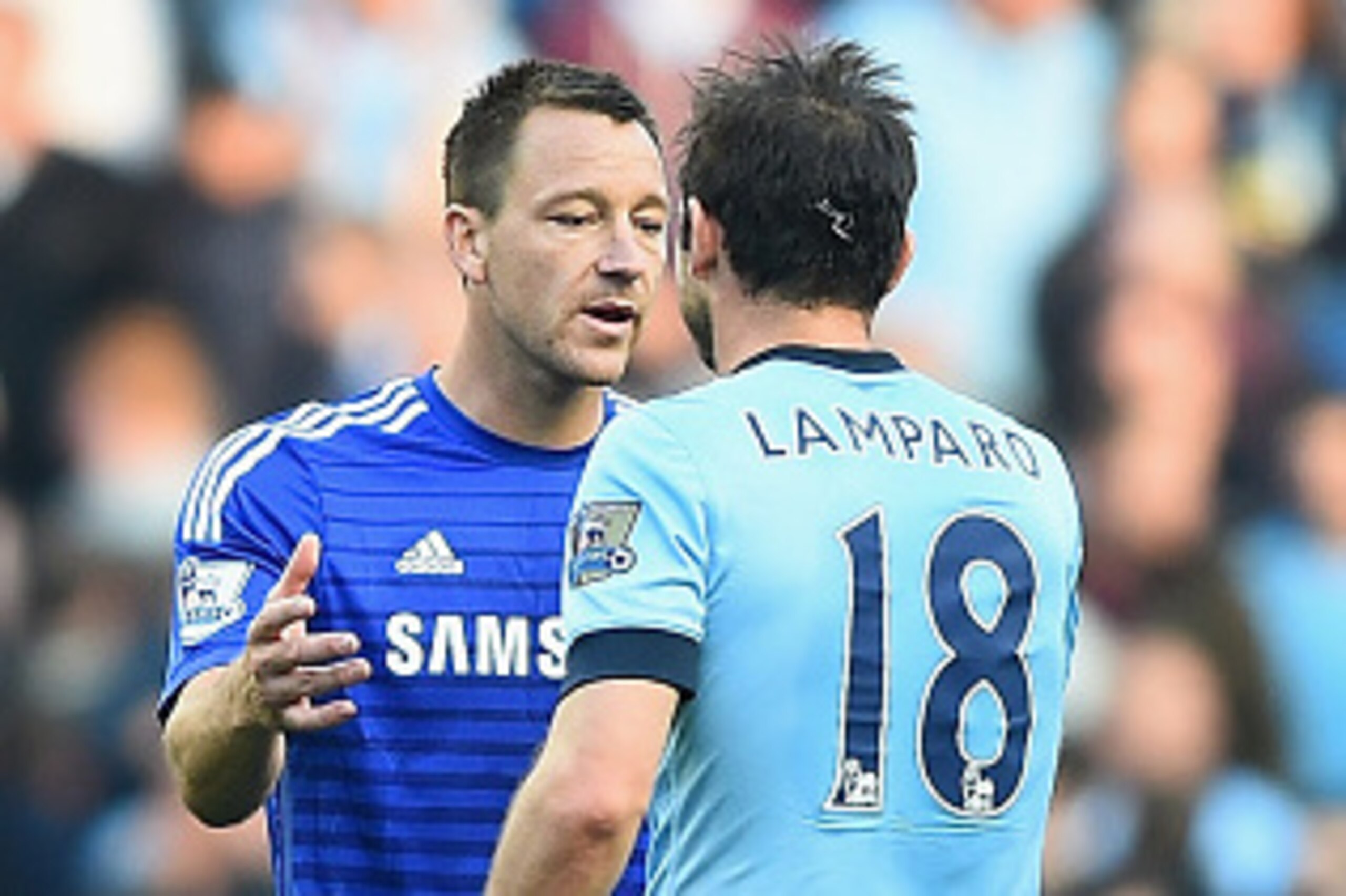 MANCHESTER, ENGLAND - SEPTEMBER 21: Frank Lampard of Manchester City is congratulated by John  Terryl of Chelsea after the Barclays Premier League match between Manchester City and Chelsea at Etihad Stadium on September 21, 2014 in Manchester, England.  (