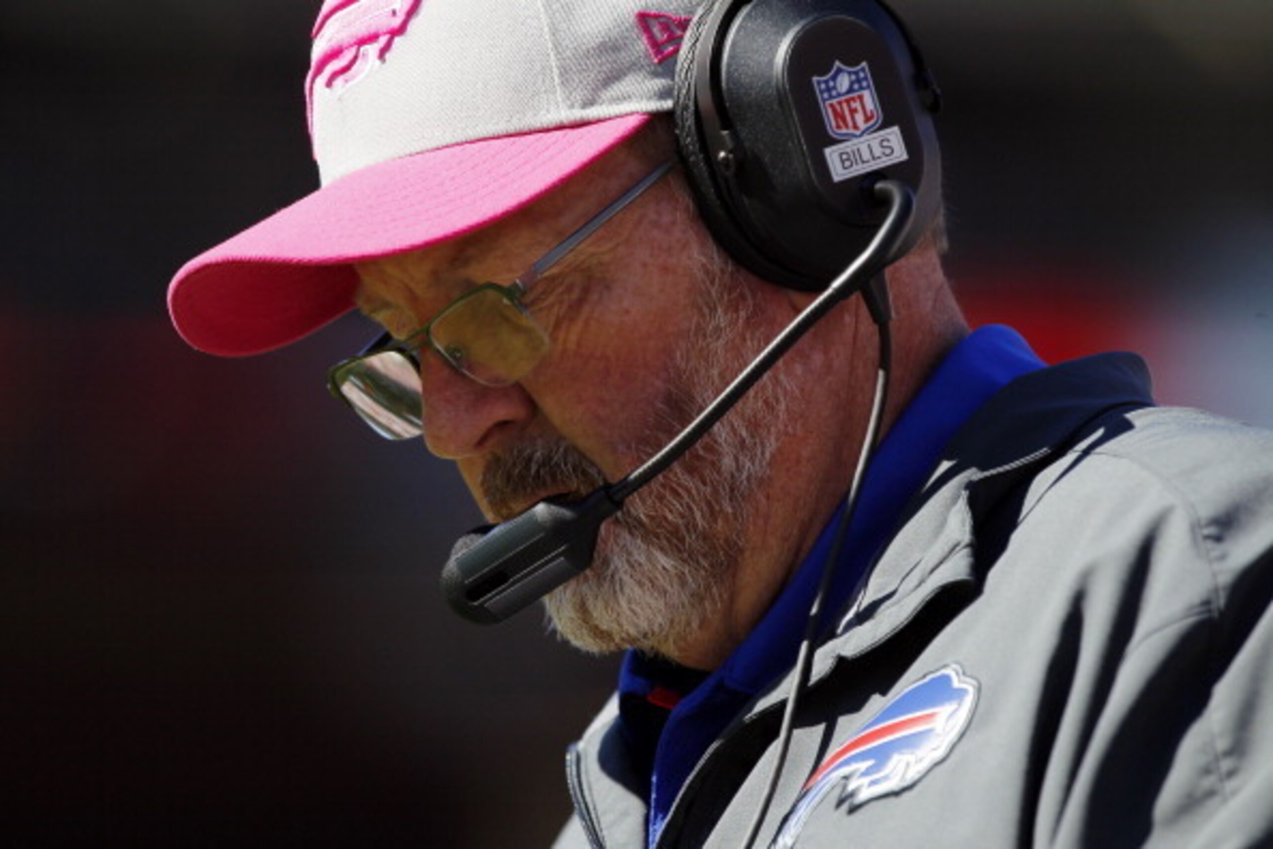 SAN FRANCISCO, CA - OCTOBER 7:  Head coach Chan Gailey of the Buffalo Bills looks at his play chart during a game against the San Francisco 49ers in the second quarter on October 7, 2012 at Candlestick Park in San Francisco, California.  The 49ers won 45-