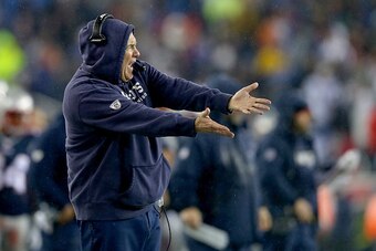 FOXBORO, MA - JANUARY 18:  Head coach Bill Belichick of the New England Patriots looks on against the Indianapolis Colts of the 2015 AFC Championship Game at Gillette Stadium on January 18, 2015 in Foxboro, Massachusetts.  (Photo by Elsa/Getty Images)
