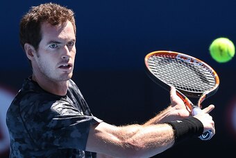 MELBOURNE, AUSTRALIA - JANUARY 16:  Andy Murray of Great Britain hits a backhand volley during a practice session ahead of the 2015 Australian Open at Melbourne Park on January 16, 2015 in Melbourne, Australia.  (Photo by Michael Dodge/Getty Images)