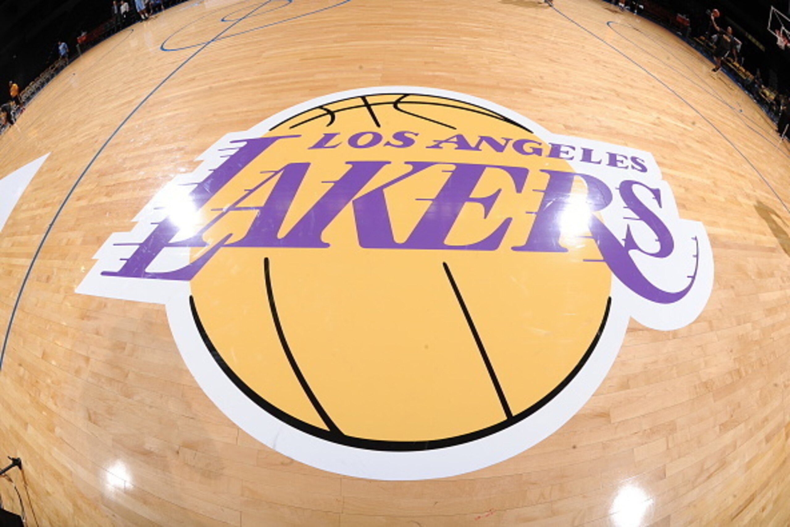 SAN DIEGO, CA- OCTOBER 6: A shot of the Los Angeles Lakers logo before they take on the Denver Nuggets at the Valley View Sports Arena in San Diego, California on October 6, 2014 . NOTE TO USER: User expressly acknowledges and agrees that, by downloading 