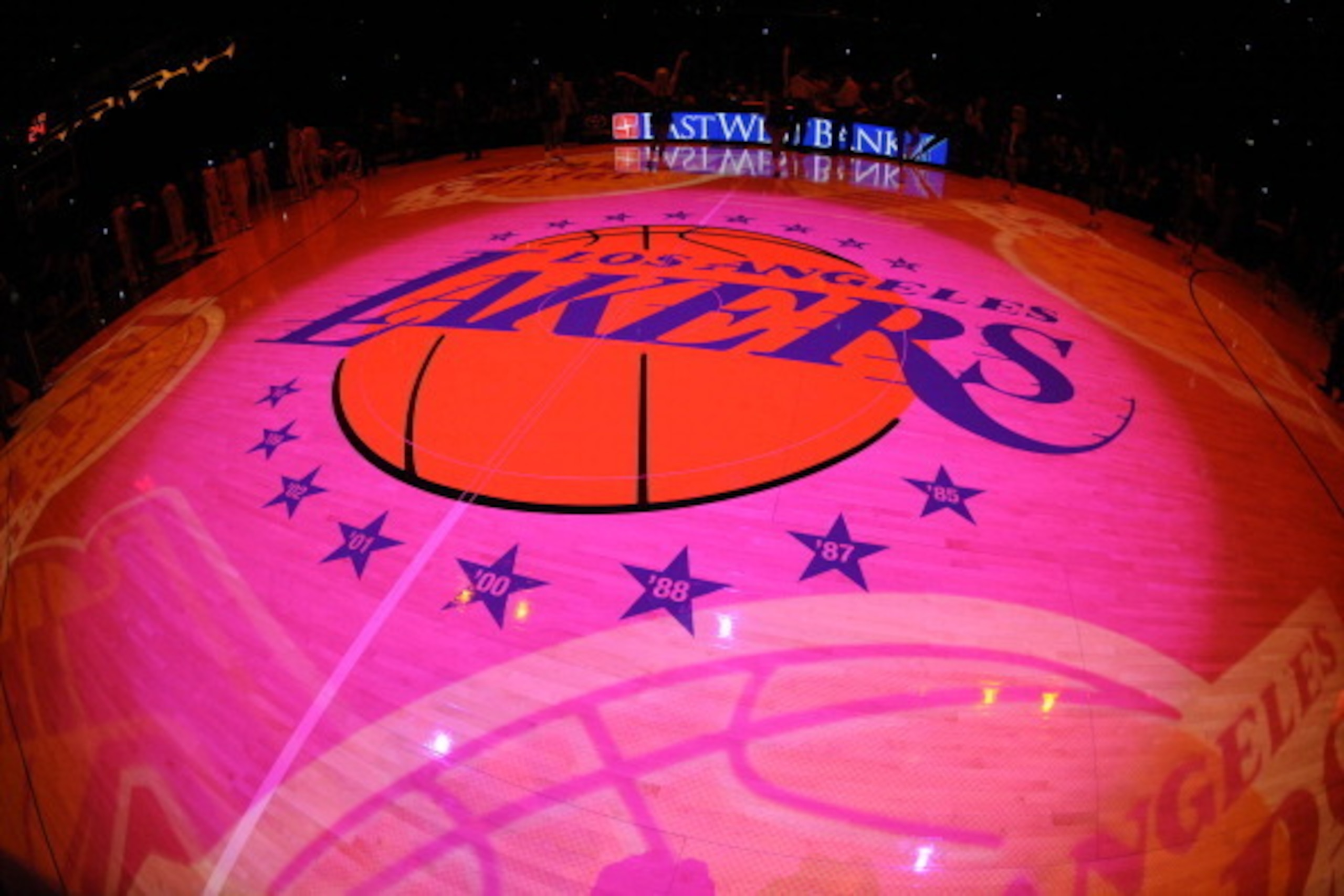 LOS ANGELES, CA - OCTOBER 22: The Los Angeles Lakers logo is shown before a game against the Utah Jazz at Staples Center on October 22, 2013 in Los Angeles, California. NOTE TO USER: User expressly acknowledges and agrees that, by downloading and/or using