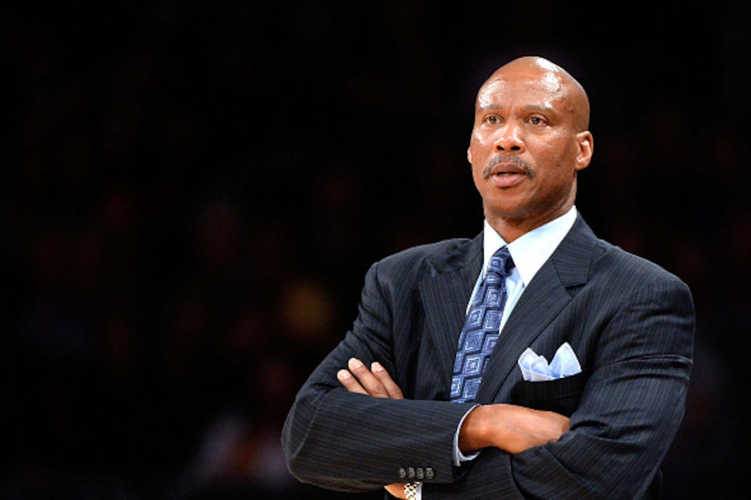 LOS ANGELES, CA - JANUARY 25:  Byron Scott of the Los Angeles Lakers watches his team against the Houston Rockets at Staples Center on January 25, 2015 in Los Angeles, California.   NOTE TO USER: User expressly acknowledges and agrees that, by downloading