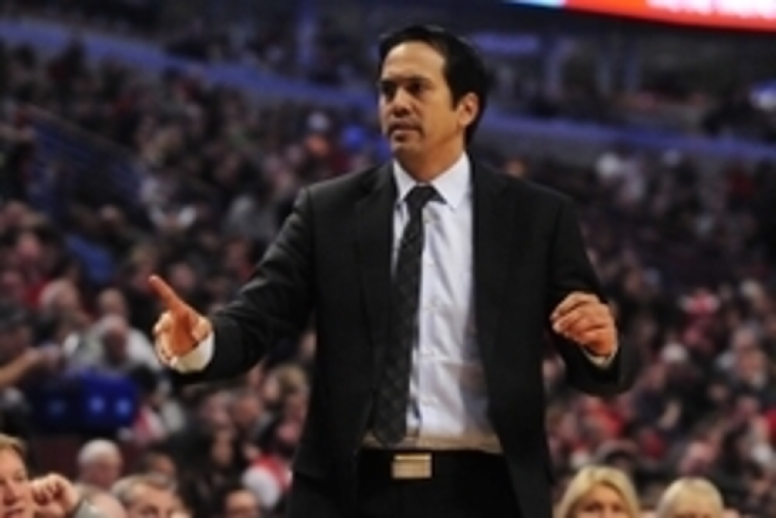 Jan 25, 2015; Chicago, IL, USA; Miami Heat head coach Erik Spoelstra gives instructions during the first half at the United Center. The Miami Heat defeated the Chicago Bulls 96-84. Mandatory Credit: David Banks-USA TODAY Sports Jan 25, 2015; Chicago, IL, USA; Miami Heat head coach Erik Spoelstra gives instructions during the first half at the United Center. The Miami Heat defeated the Chicago Bulls 96-84. Mandatory Credit: David Banks-USA TODAY Sports