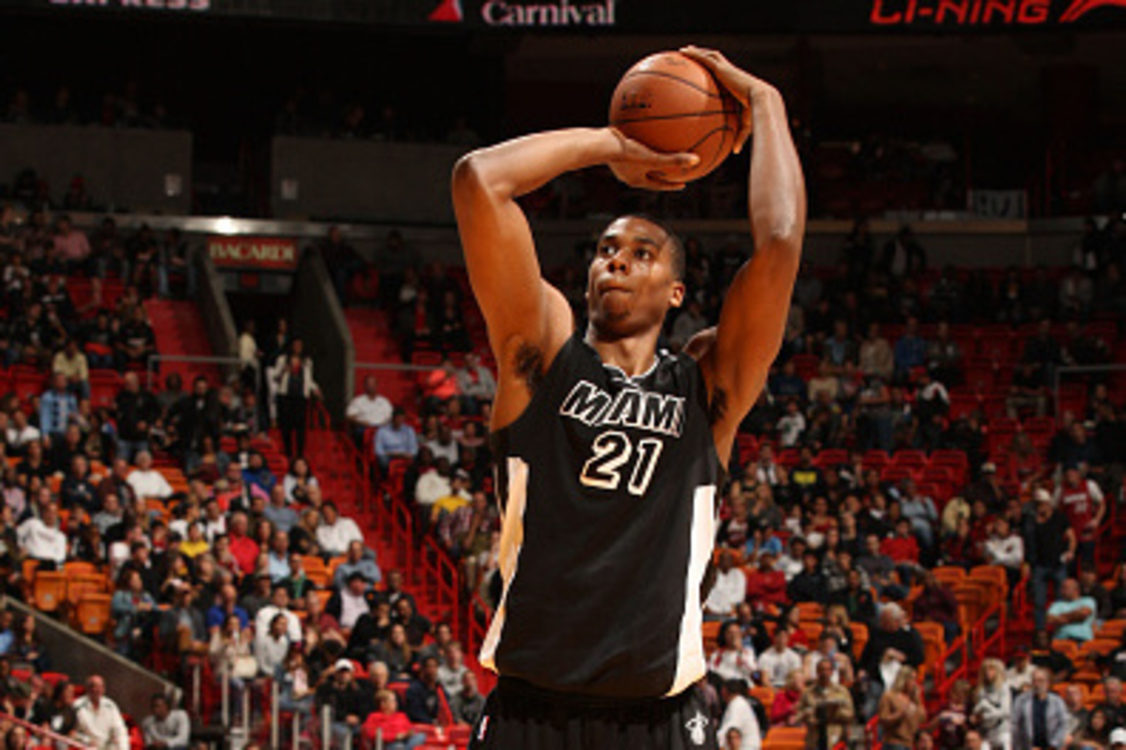 MIAMI, FL - JANUARY 27:  Hassan Whiteside #21 of the Miami Heat prepares to shoot a free throw against the Milwaukee Bucks on January 27, 2015  at American Airlines Arena in Miami, Florida.  NOTE TO USER: User expressly acknowledges and agrees that, by do